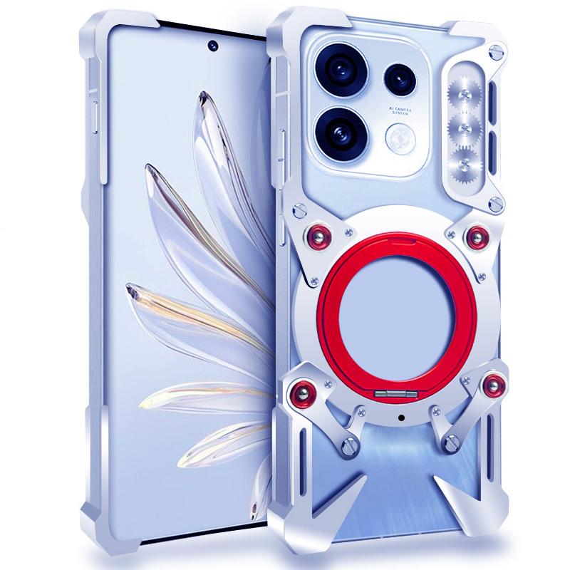 For OPPO Reno16 Pro 5G Global Rotating Bracket Hollow Metal Phone Case with Lanyard(Silver) - Shopkiz.com