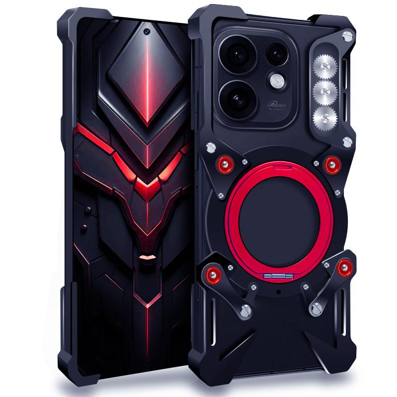 For OPPO Reno16 5G Global Rotating Bracket Hollow Metal Phone Case with Lanyard(Black) - Shopkiz.com