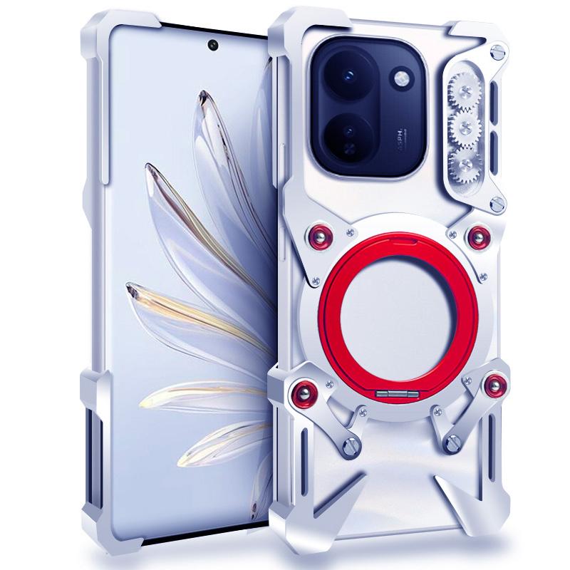 For vivo Y600 Turbo 5G Rotating Bracket Hollow Metal Phone Case with Lanyard(Silver) - Shopkiz.com