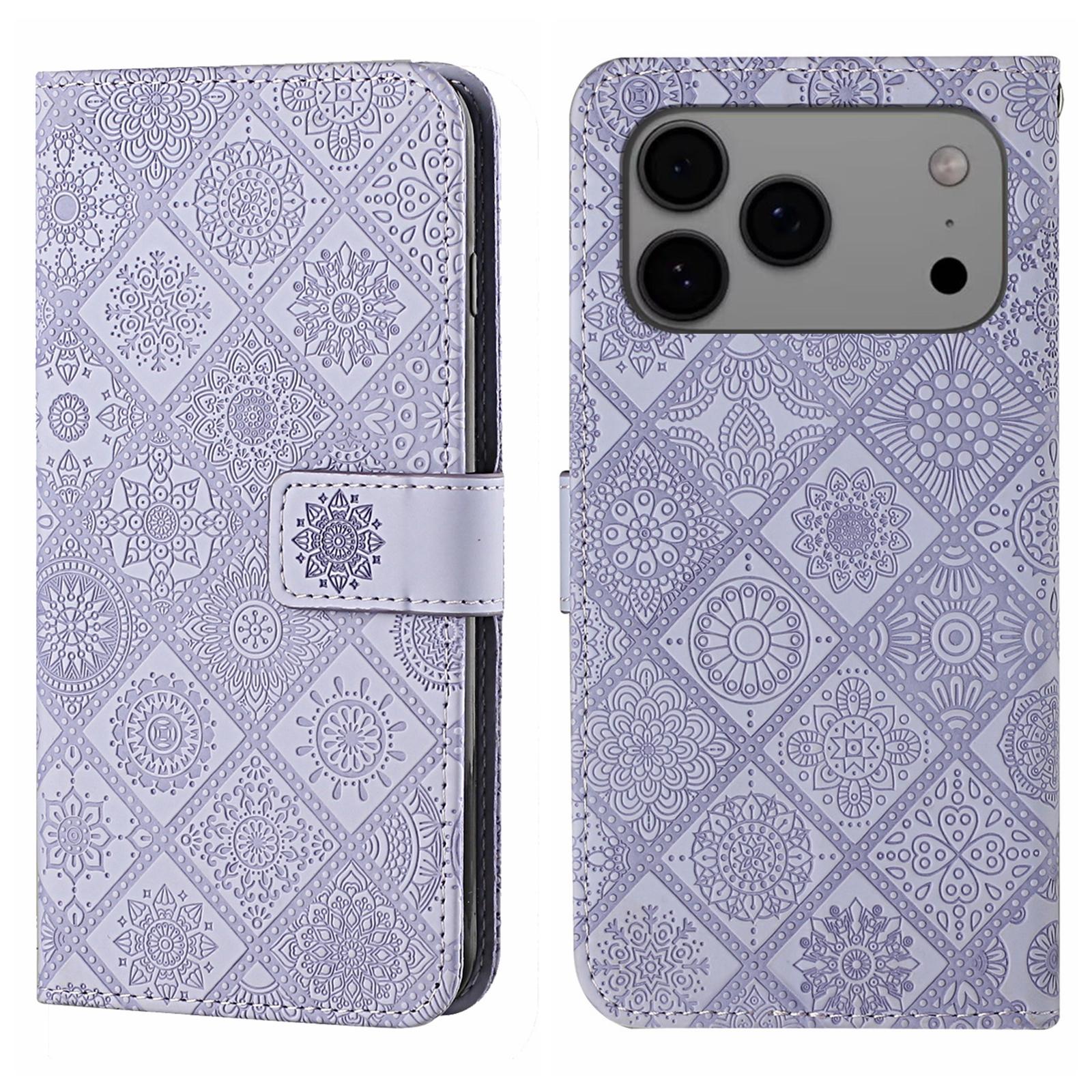For iPhone 17 Pro Max Ethnic Style Embossed Pattern Leather Phone Case(Purple) - Shopkiz.com