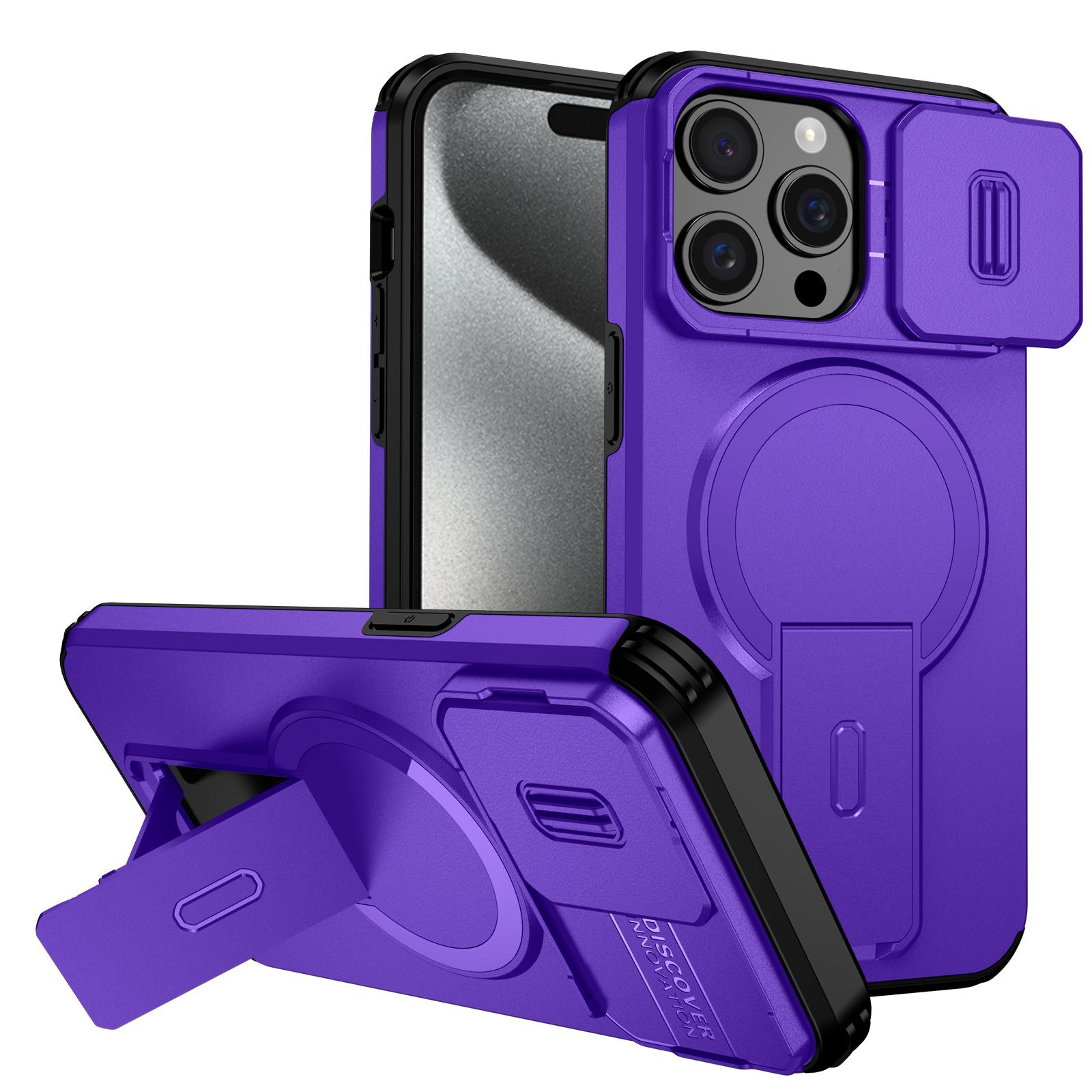 For iPhone 15 Pro Max Sliding Camshield MagSafe Holder Phone Case(Purple) - Shopkiz.com