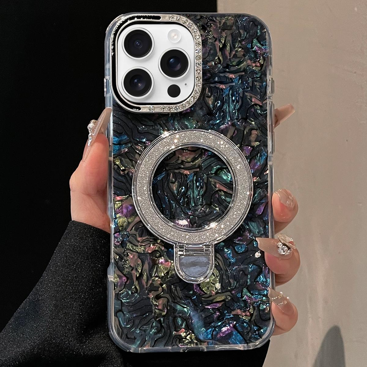 For iPhone 16 Pro Ink Rhythm Colorful Shell Pattern TPU Hybrid IMD Phone Case with Glitter Holder(Black) - Shopkiz.com