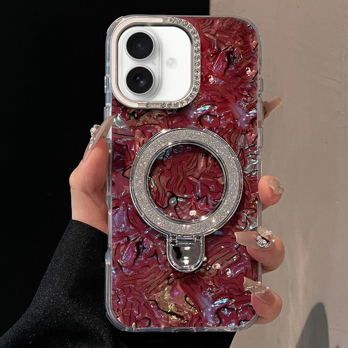 For iPhone 16 Plus Ink Rhythm Colorful Shell Pattern TPU Hybrid IMD Phone Case with Glitter Holder(Wine Red) - Shopkiz.com