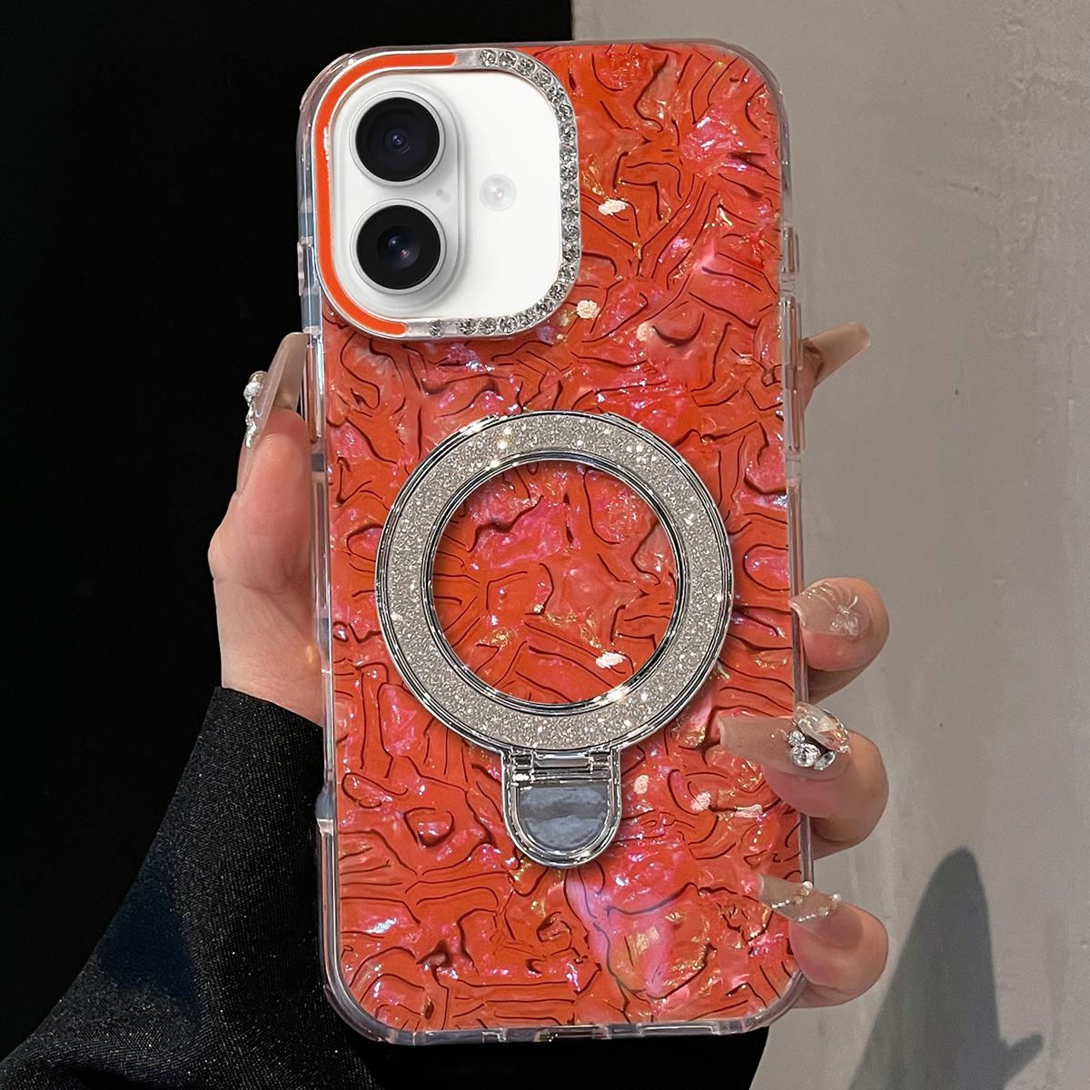 For iPhone 16 Plus Ink Rhythm Colorful Shell Pattern TPU Hybrid IMD Phone Case with Glitter Holder(Orange) - Shopkiz.com