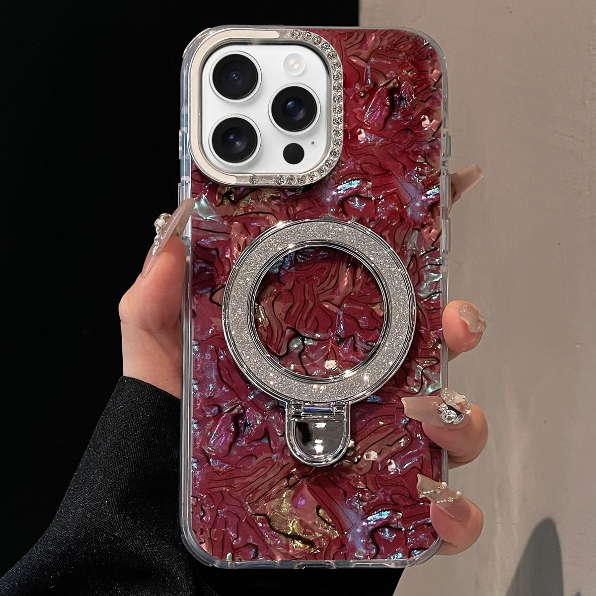 For iPhone 15 Pro Ink Rhythm Colorful Shell Pattern TPU Hybrid IMD Phone Case with Glitter Holder(Wine Red) - Shopkiz.com
