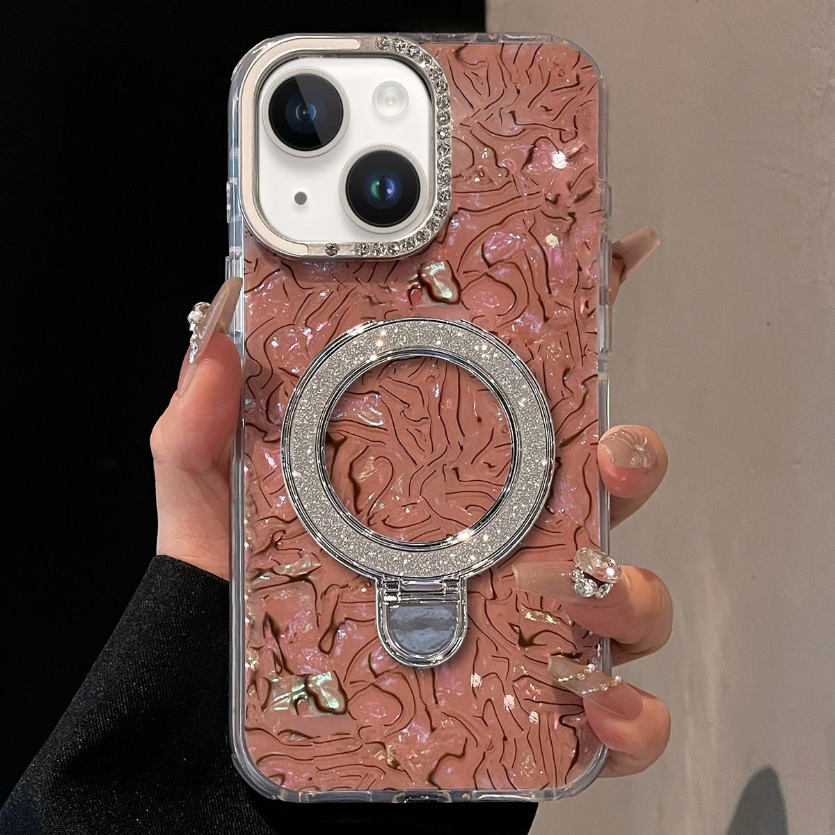 For iPhone 15 Plus / 14 Plus Ink Rhythm Colorful Shell Pattern TPU Hybrid IMD Phone Case with Glitter Holder(Brown) - Shopkiz.com