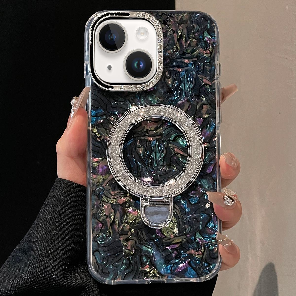 For iPhone 15 Ink Rhythm Colorful Shell Pattern TPU Hybrid IMD Phone Case with Glitter Holder(Black) - Shopkiz.com