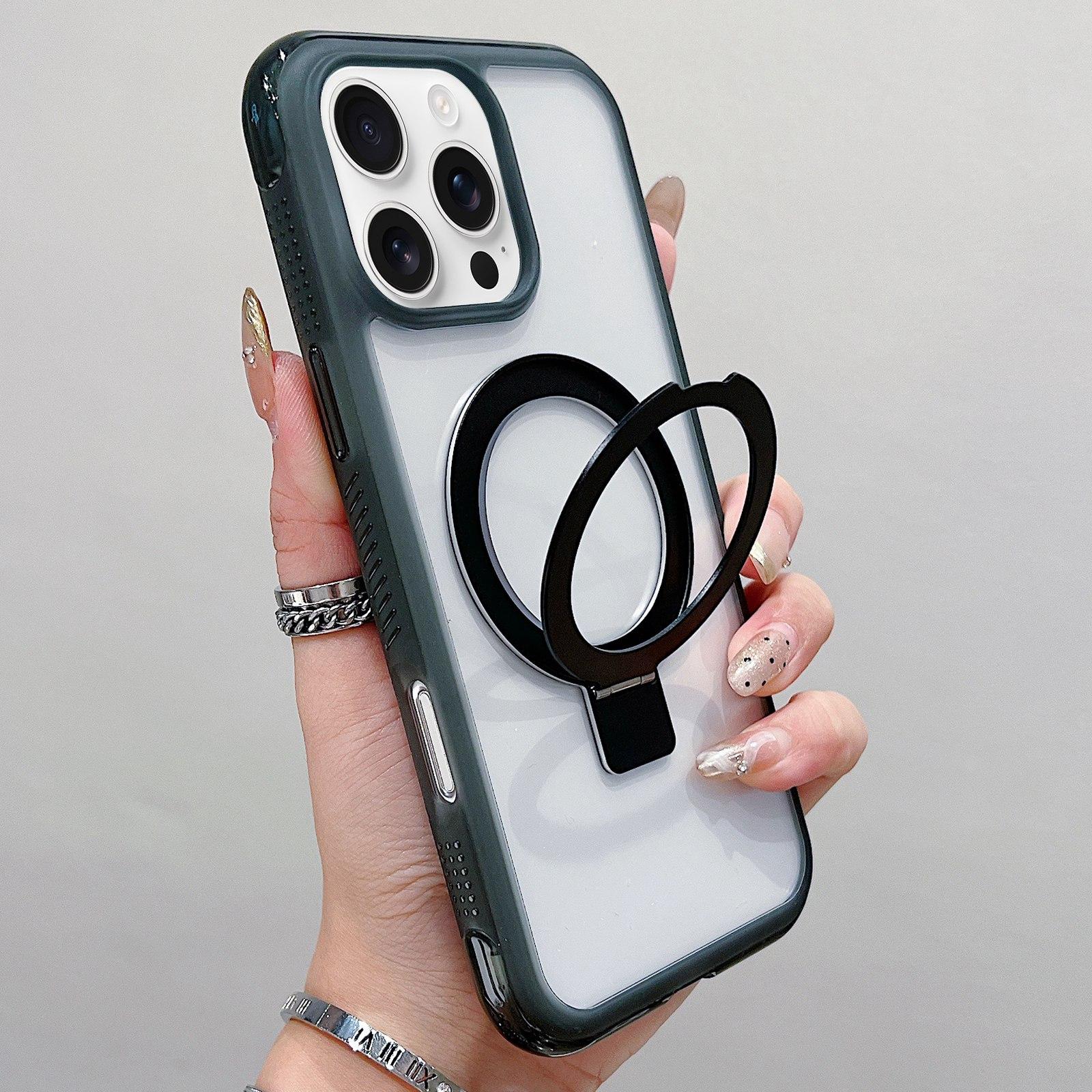 For iPhone 16 Pro Max Translucent Edge Transparency Metal Holder MagSafe Phone Case(Black) - Shopkiz.com