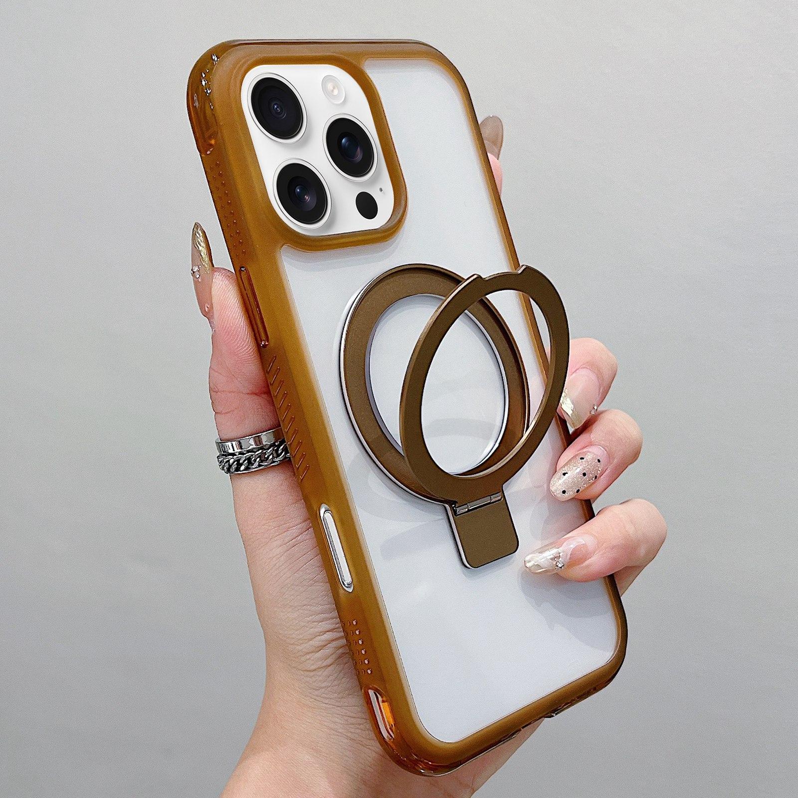 For iPhone 16 Pro Translucent Edge Transparency Metal Holder MagSafe Phone Case(Coffee) - Shopkiz.com