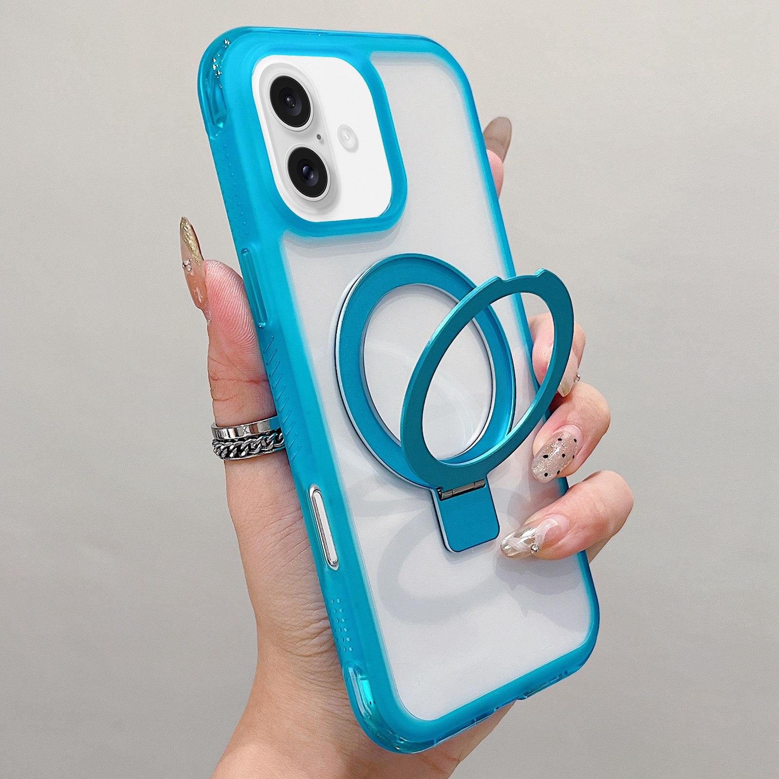 For iPhone 16 Translucent Edge Transparency Metal Holder MagSafe Phone Case(Sky Blue) - Shopkiz.com