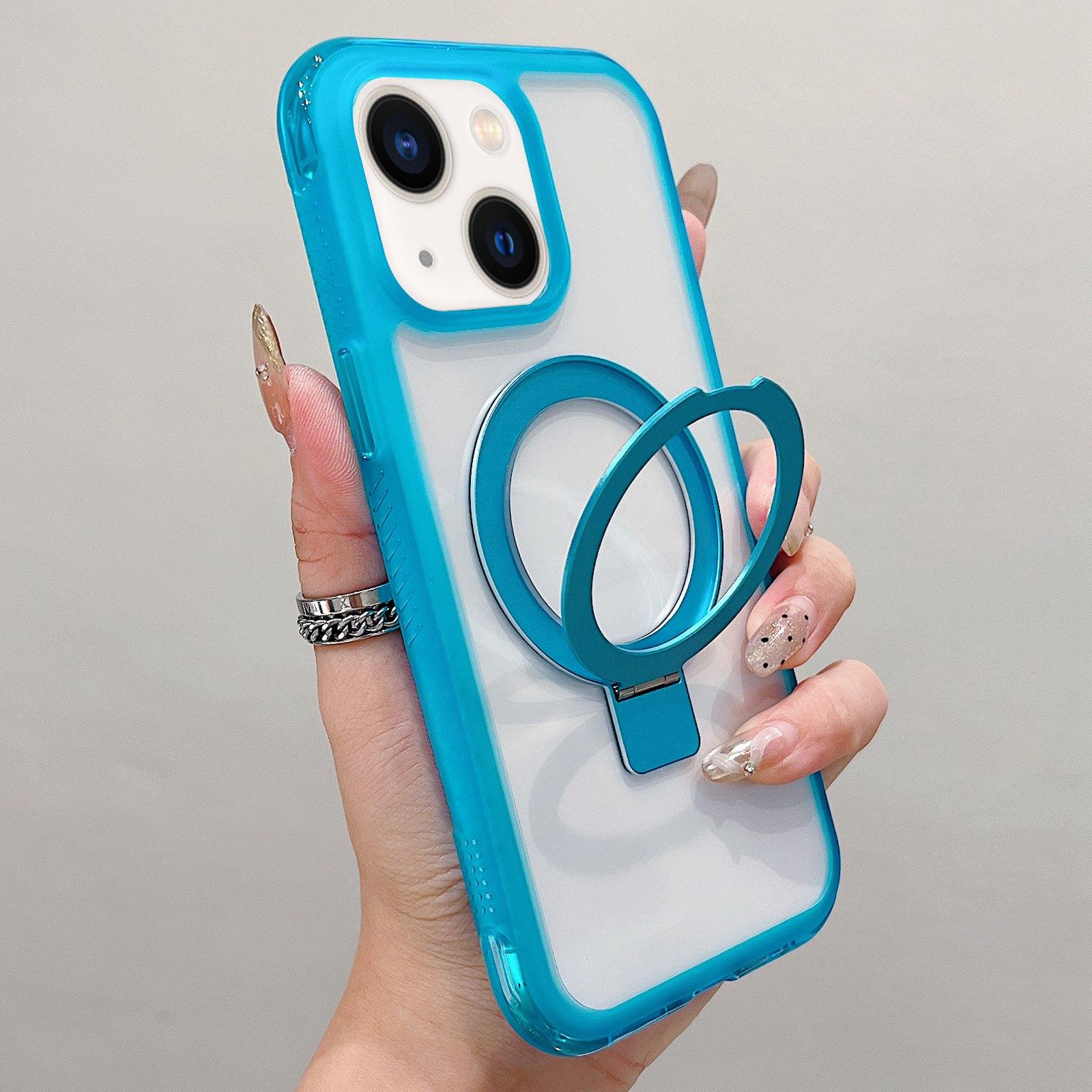 For iPhone 14 Plus / 15 Plus Translucent Edge Transparency Metal Holder MagSafe Phone Case(Sky Blue) - Shopkiz.com
