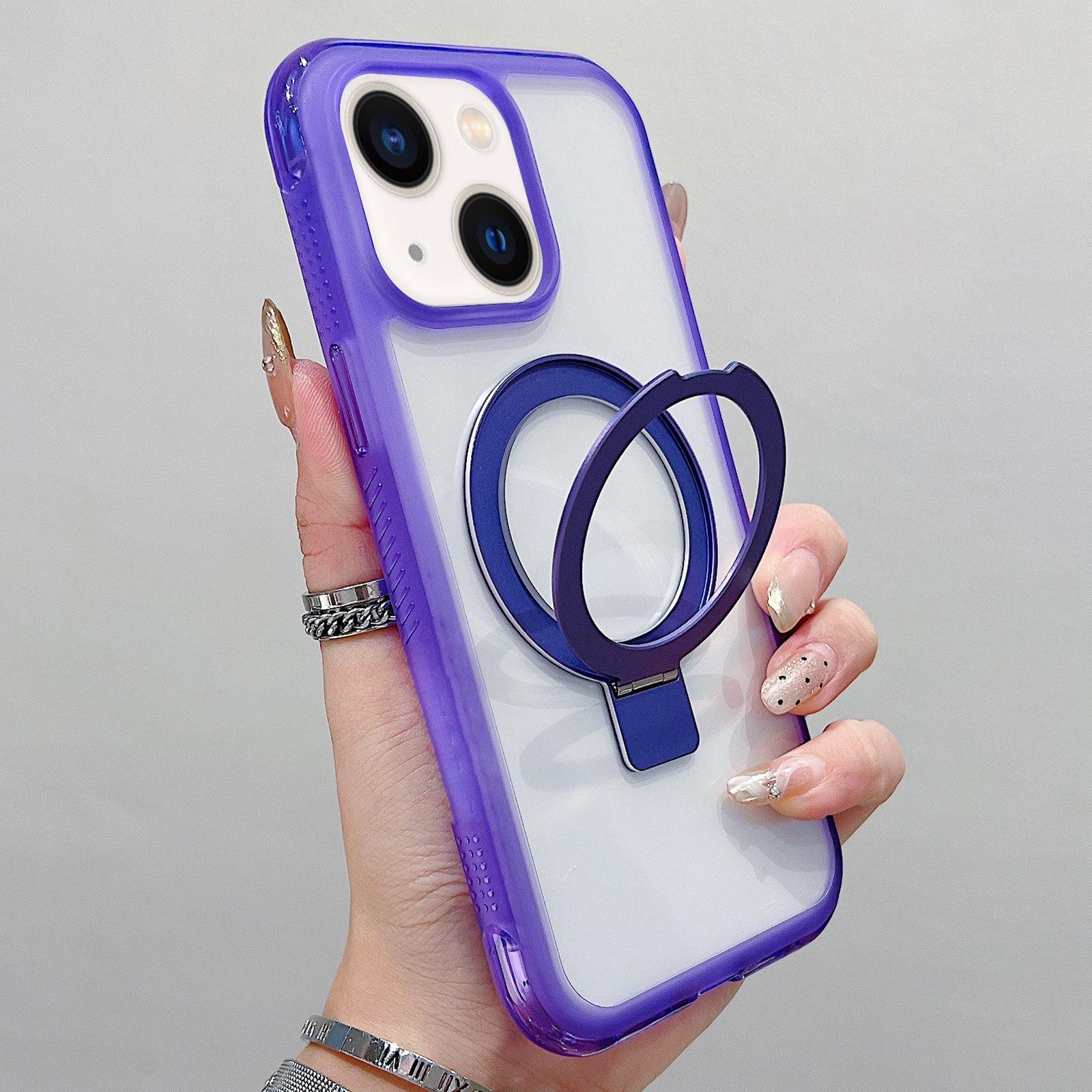 For iPhone 15 / 14 / 13 Translucent Edge Transparency Metal Holder MagSafe Phone Case(Purple) - Shopkiz.com