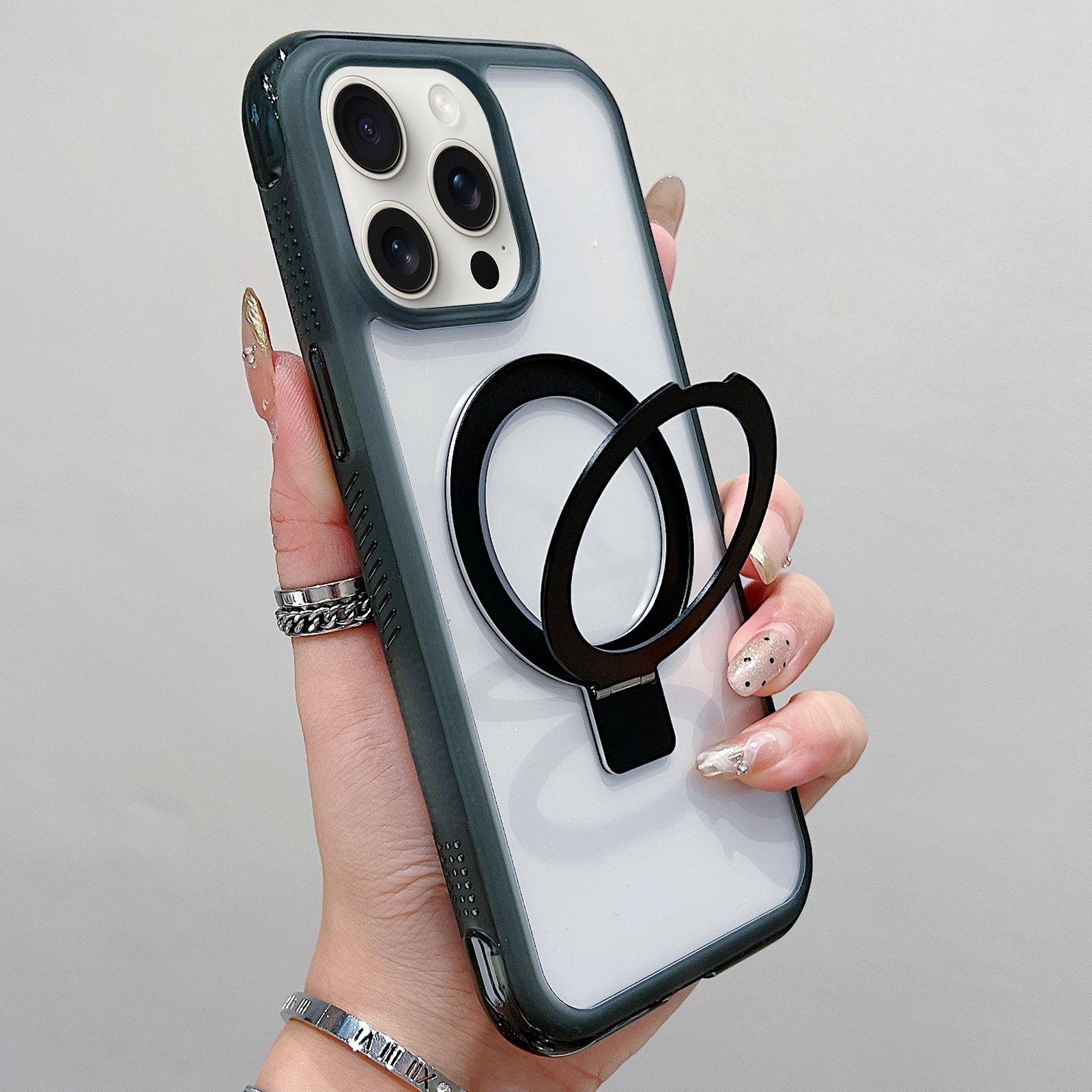 For iPhone 14 Pro / 13 Pro Translucent Edge Transparency Metal Holder MagSafe Phone Case(Black) - Shopkiz.com