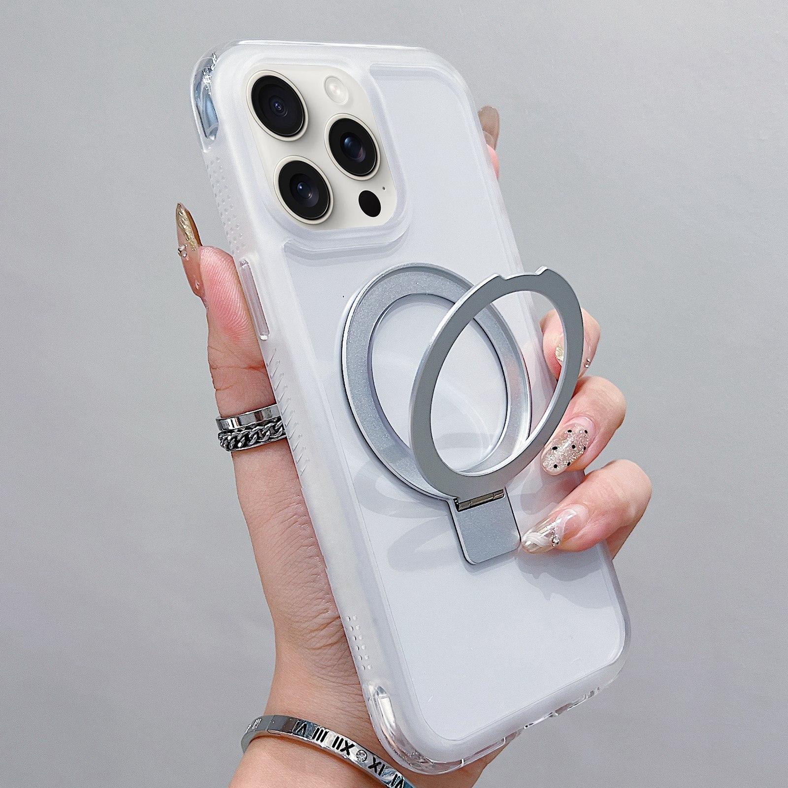 For iPhone 14 Pro / 13 Pro Translucent Edge Transparency Metal Holder MagSafe Phone Case(White) - Shopkiz.com