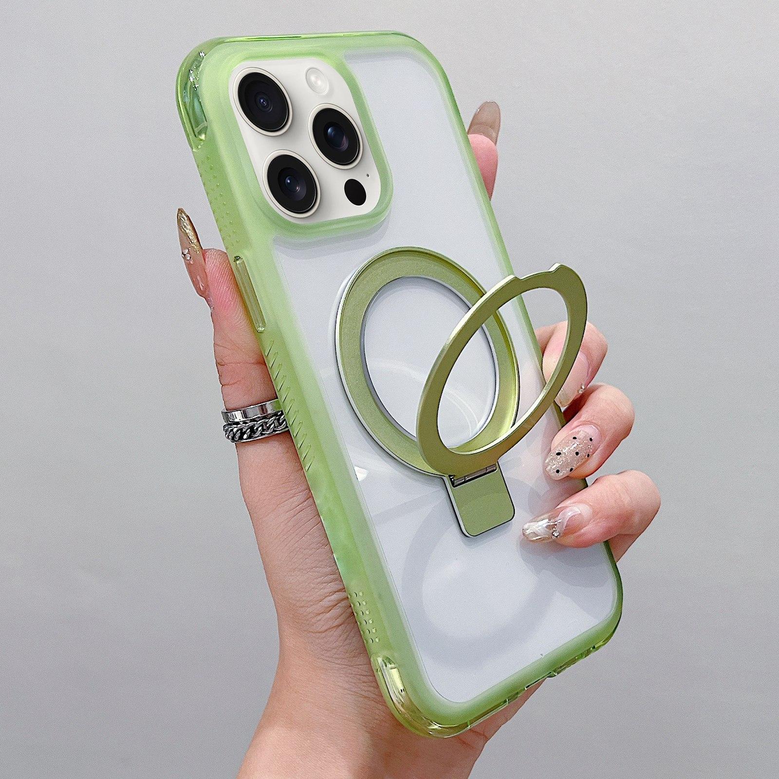 For iPhone 14 Pro Max Translucent Edge Transparency Metal Holder MagSafe Phone Case(Matcha Green) - Shopkiz.com