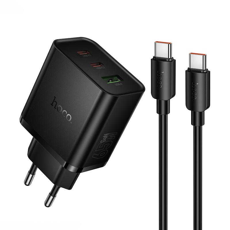 hoco N75 Grande 65W USB and Dual Type-C Fast Charger with 1m Type-C to Type-C Cable, Plug:EU Plug(Black) - Shopkiz.com