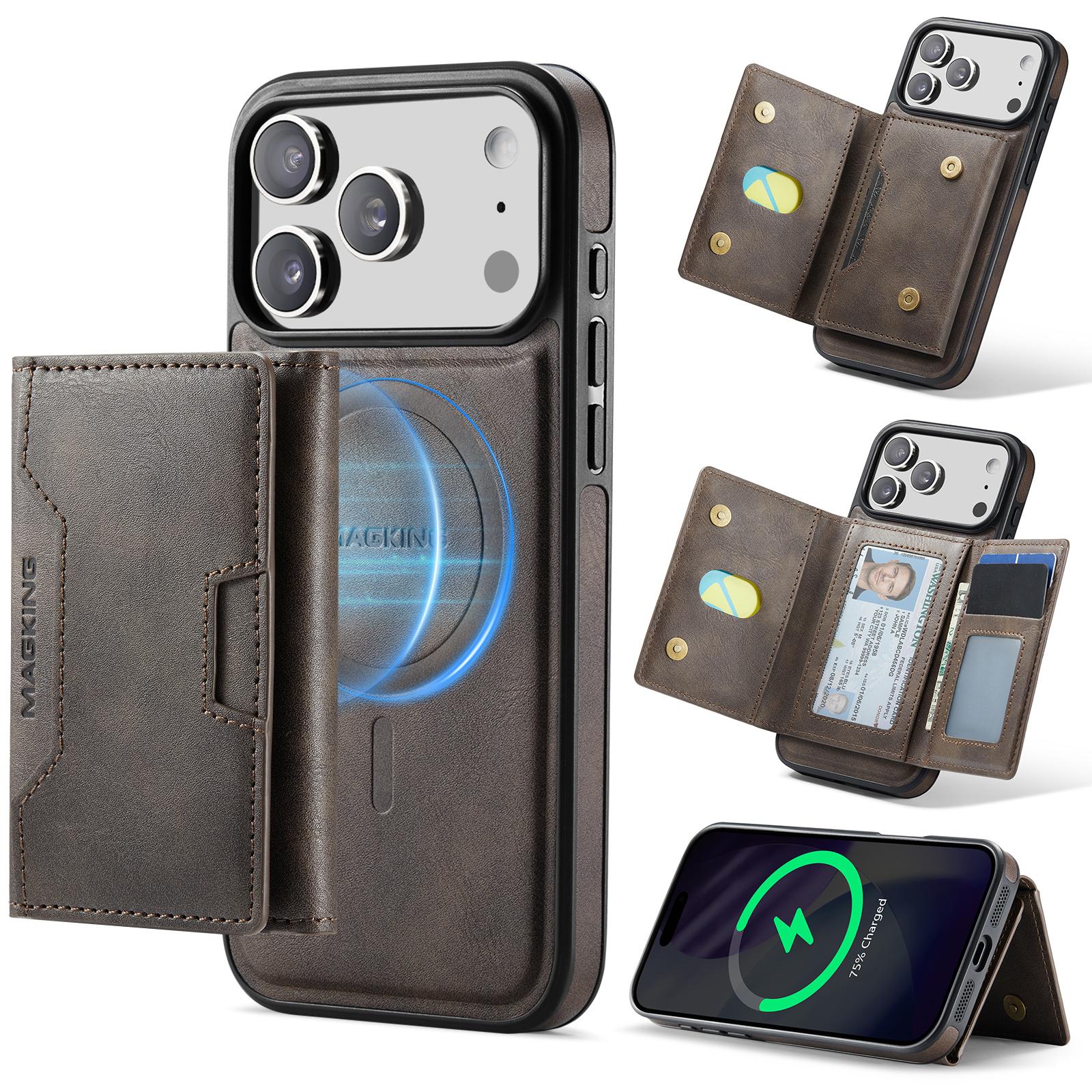 For iPhone 17 Pro Max MAGKING K4 Series MagSafe RFID Tri-fold Card Bag Detachable Phone Case(Coffee) - Shopkiz.com