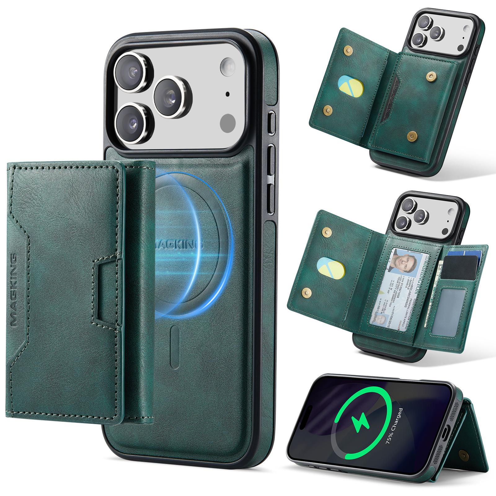 For iPhone 17 Pro Max MAGKING K4 Series MagSafe RFID Tri-fold Card Bag Detachable Phone Case(Green) - Shopkiz.com