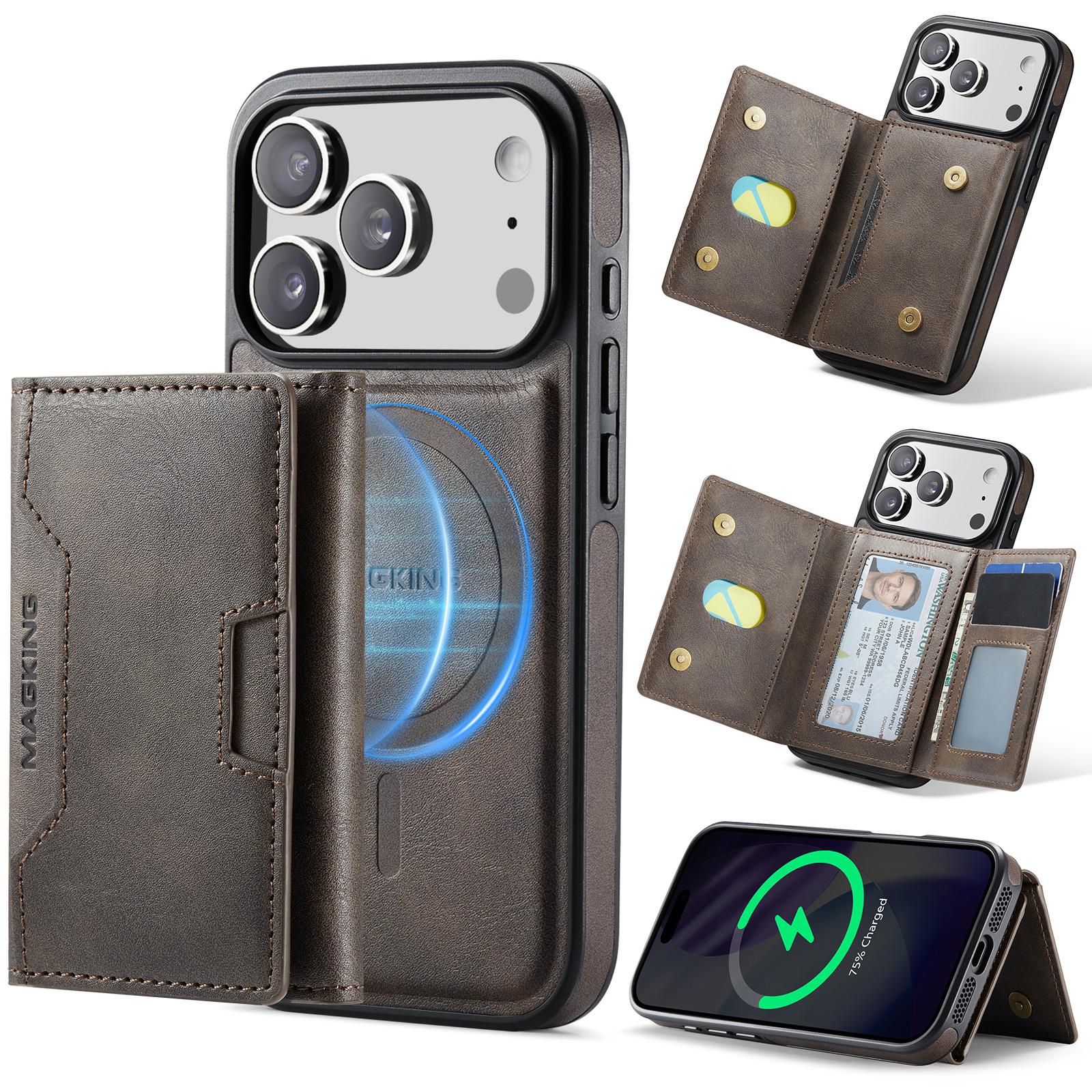 For iPhone 17 Pro MAGKING K4 Series MagSafe RFID Tri-fold Card Bag Detachable Phone Case(Coffee) - Shopkiz.com