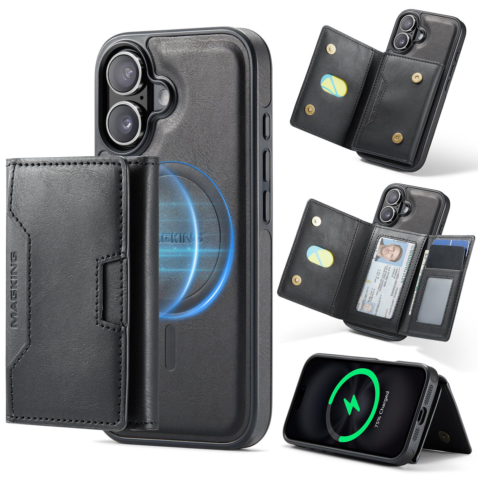 For iPhone 17 MAGKING K4 Series MagSafe RFID Tri-fold Card Bag Detachable Phone Case(Black) - Shopkiz.com