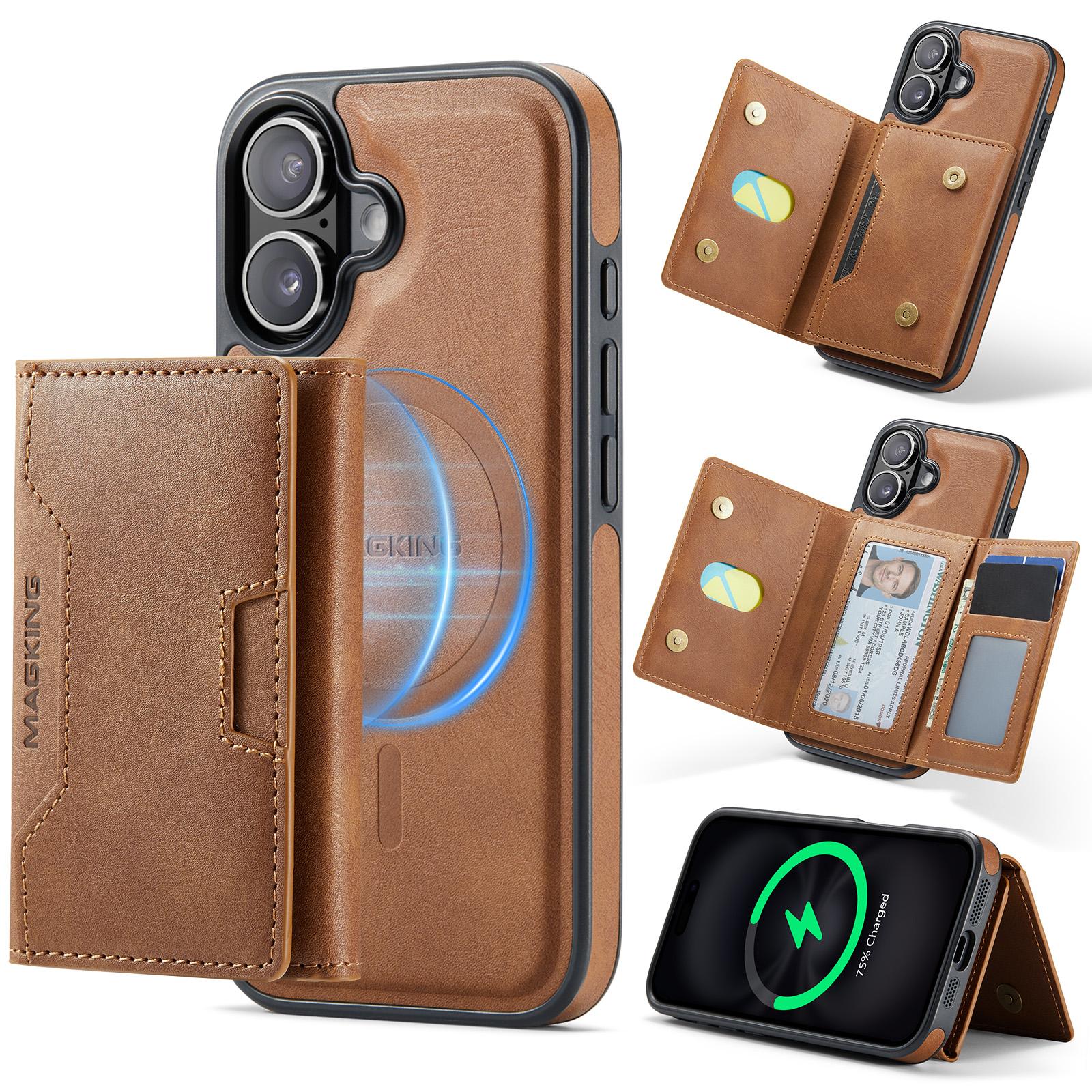 For iPhone 17 MAGKING K4 Series MagSafe RFID Tri-fold Card Bag Detachable Phone Case(Brown) - Shopkiz.com