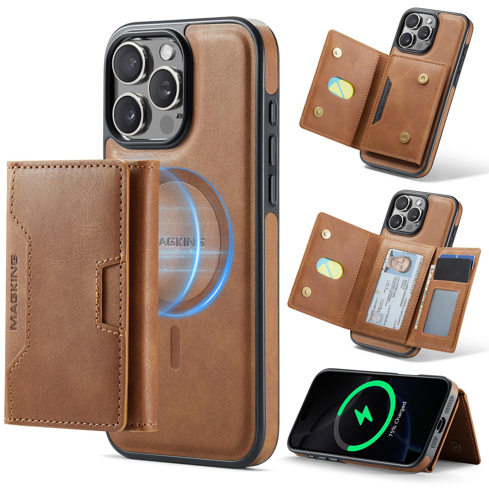 For iPhone 16 Pro Max MAGKING K4 Series MagSafe RFID Tri-fold Card Bag Detachable Phone Case(Brown) - Shopkiz.com