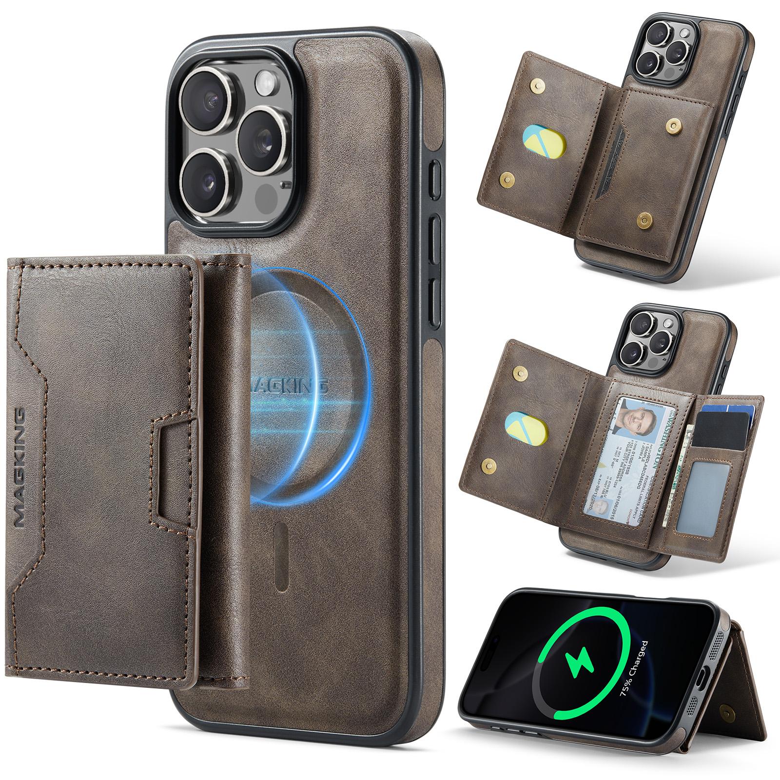 For iPhone 16 Pro Max MAGKING K4 Series MagSafe RFID Tri-fold Card Bag Detachable Phone Case(Coffee) - Shopkiz.com