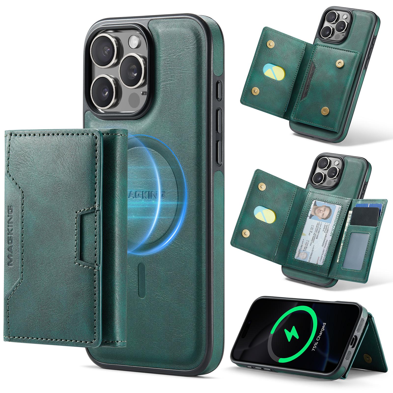 For iPhone 16 Pro Max MAGKING K4 Series MagSafe RFID Tri-fold Card Bag Detachable Phone Case(Green) - Shopkiz.com