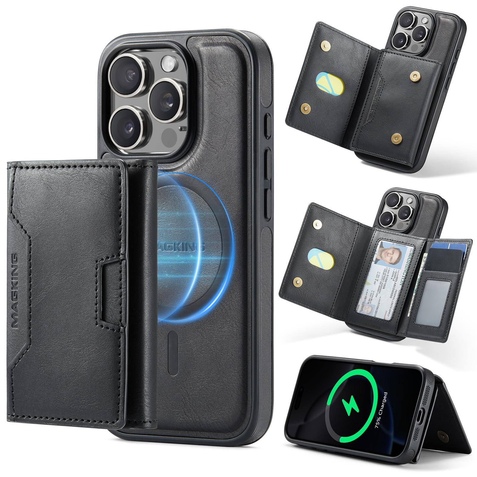 For iPhone 16 Pro MAGKING K4 Series MagSafe RFID Tri-fold Card Bag Detachable Phone Case(Black) - Shopkiz.com