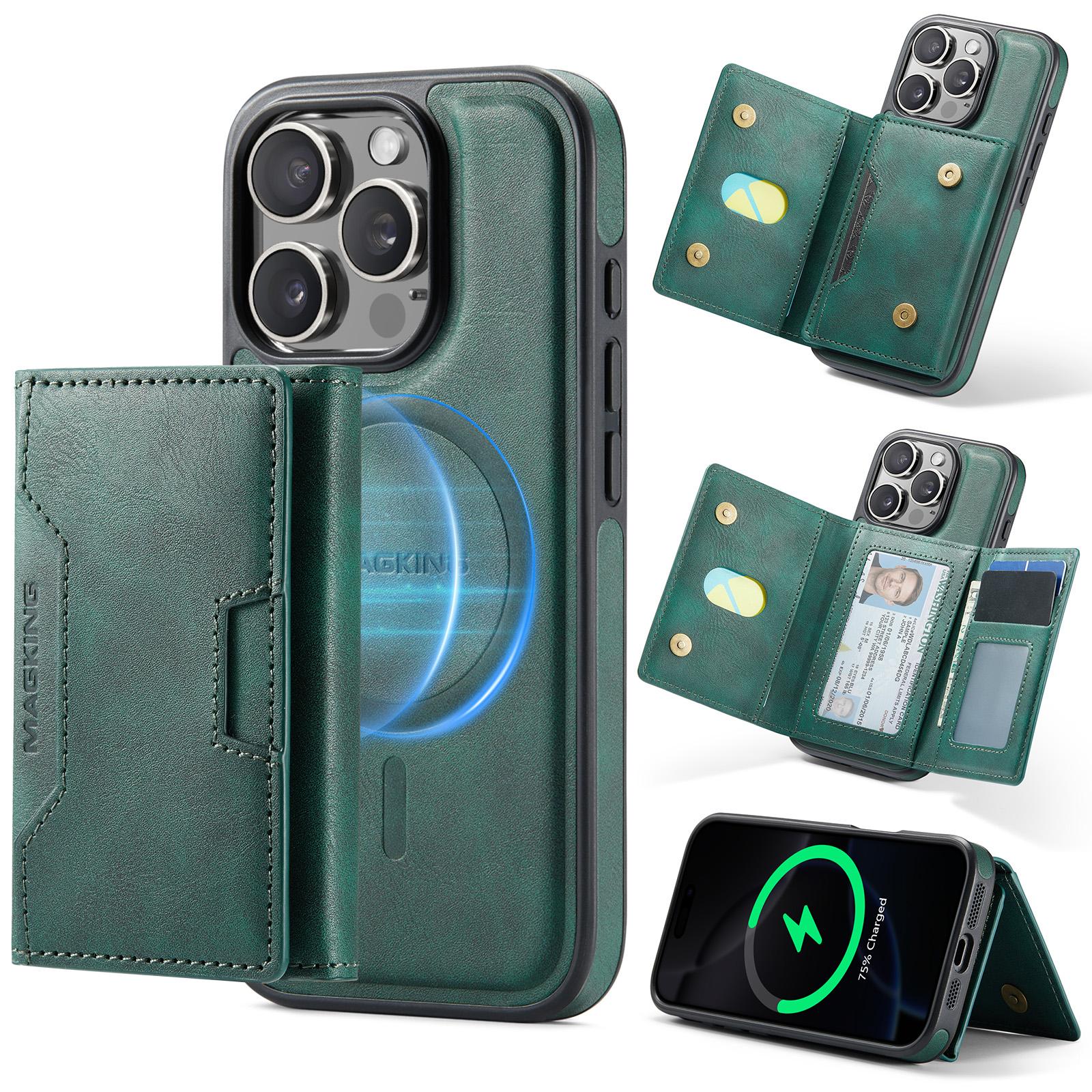 For iPhone 16 Pro MAGKING K4 Series MagSafe RFID Tri-fold Card Bag Detachable Phone Case(Green) - Shopkiz.com