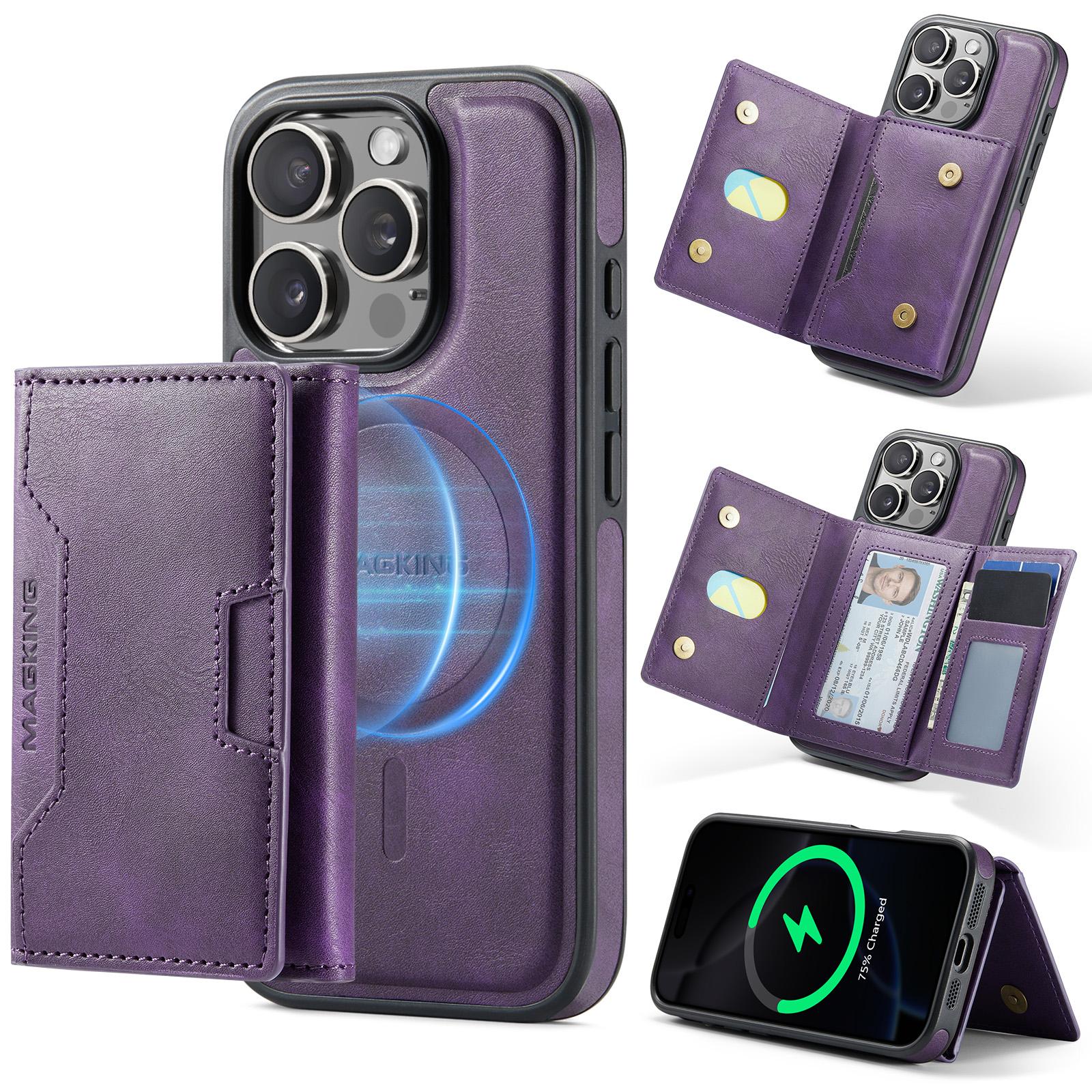 For iPhone 16 Pro MAGKING K4 Series MagSafe RFID Tri-fold Card Bag Detachable Phone Case(Purple) - Shopkiz.com