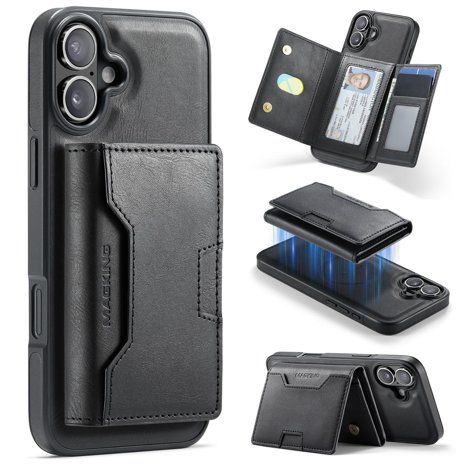 For iPhone 16 Plus MAGKING K4 Series MagSafe RFID Tri-fold Card Bag Detachable Phone Case(Black) - Shopkiz.com