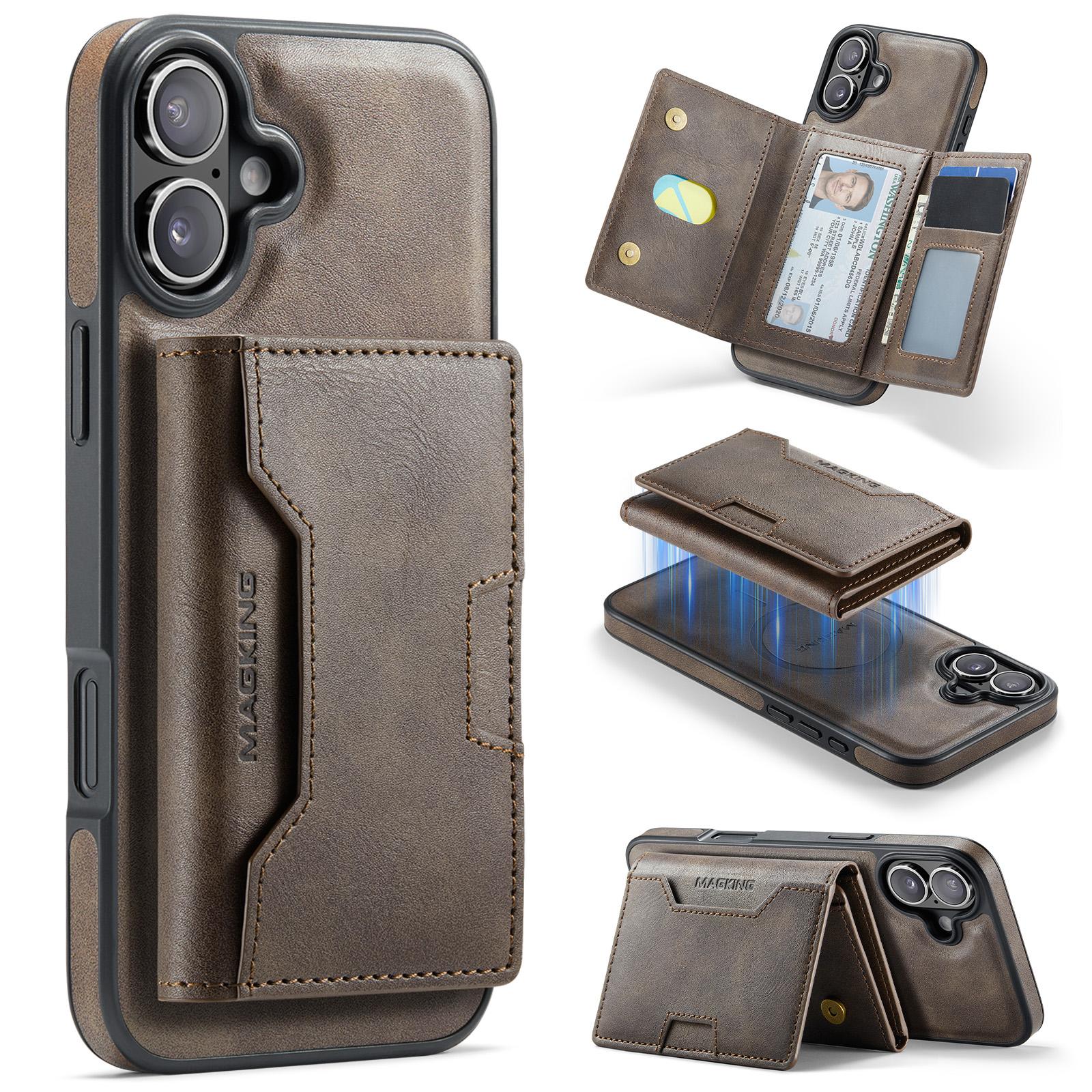 For iPhone 16 Plus MAGKING K4 Series MagSafe RFID Tri-fold Card Bag Detachable Phone Case(Coffee) - Shopkiz.com