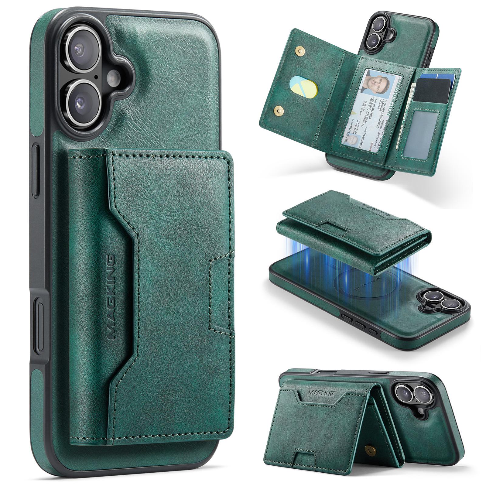 For iPhone 16 Plus MAGKING K4 Series MagSafe RFID Tri-fold Card Bag Detachable Phone Case(Green) - Shopkiz.com