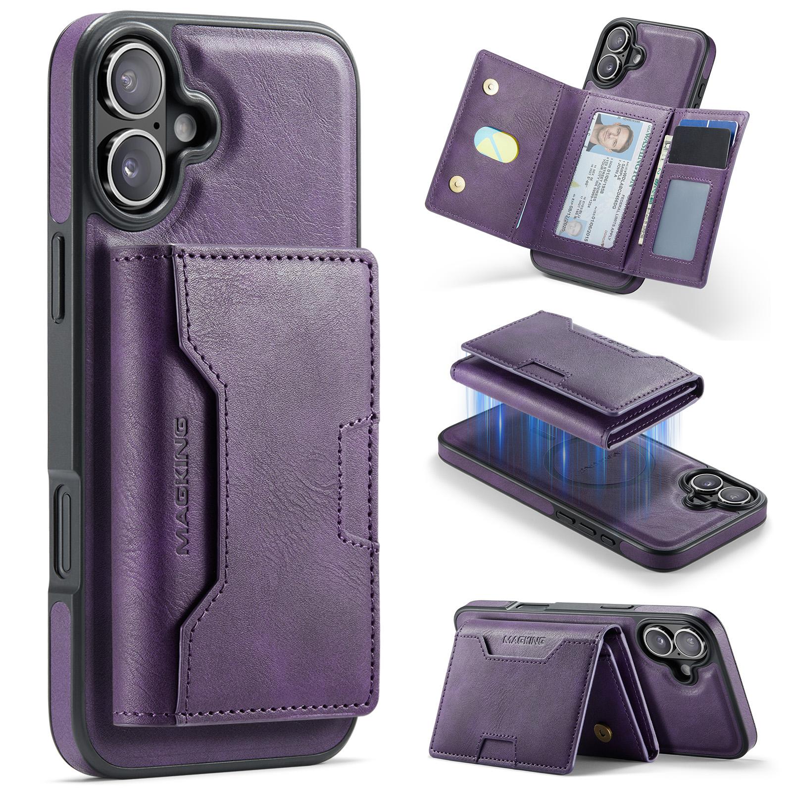 For iPhone 16 Plus MAGKING K4 Series MagSafe RFID Tri-fold Card Bag Detachable Phone Case(Purple) - Shopkiz.com