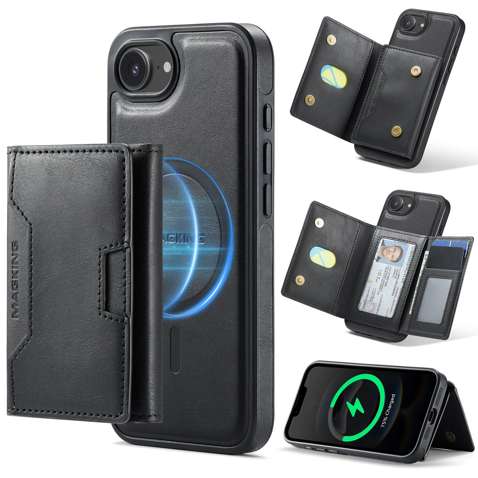 For iPhone 17e / 16e MAGKING K4 Series MagSafe RFID Tri-fold Card Bag Detachable Phone Case(Black) - Shopkiz.com