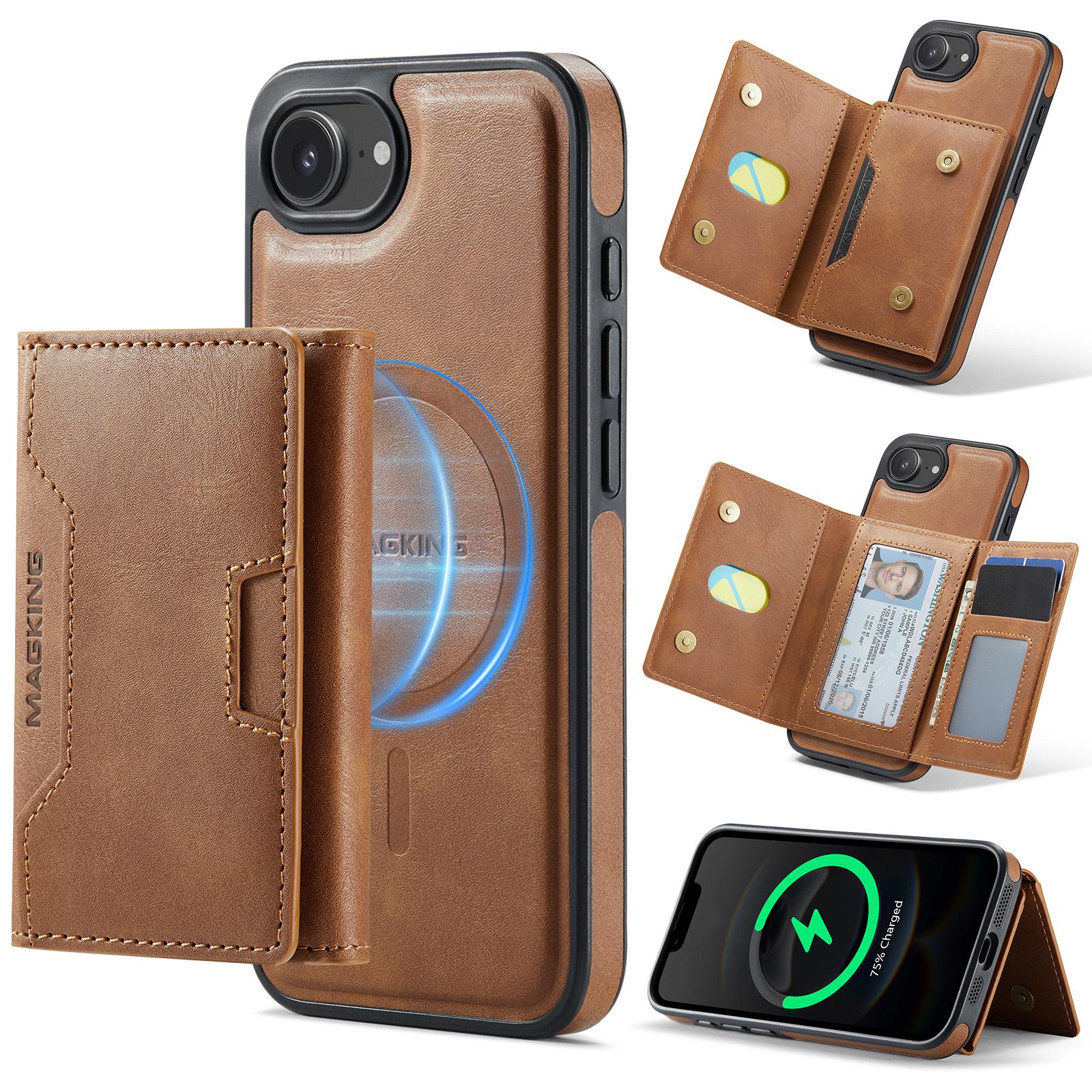 For iPhone 17e / 16e MAGKING K4 Series MagSafe RFID Tri-fold Card Bag Detachable Phone Case(Brown) - Shopkiz.com