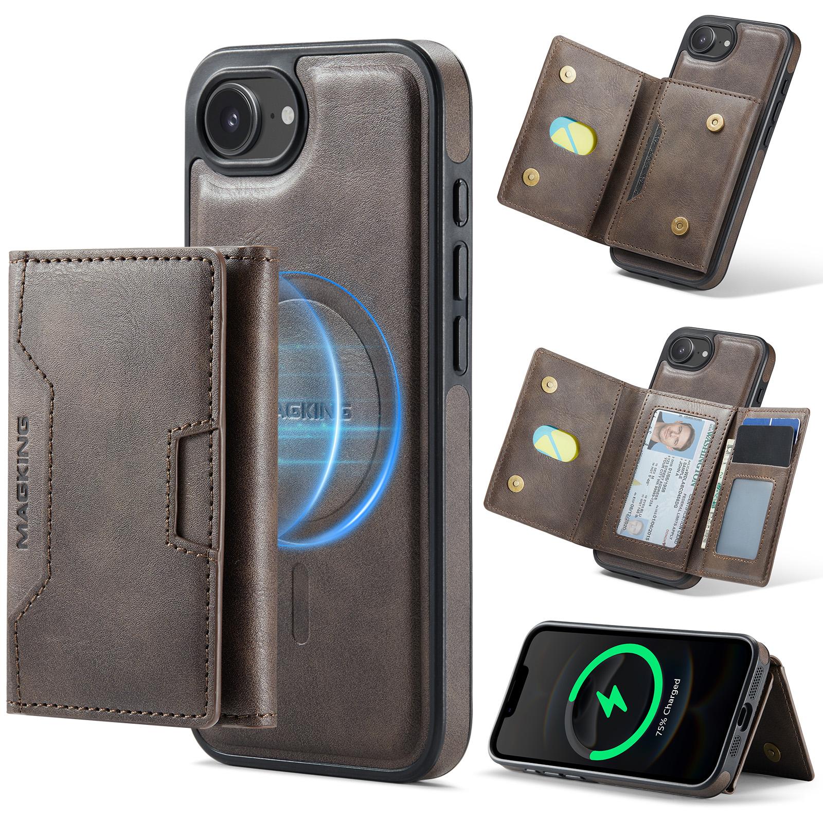 For iPhone 17e / 16e MAGKING K4 Series MagSafe RFID Tri-fold Card Bag Detachable Phone Case(Coffee) - Shopkiz.com