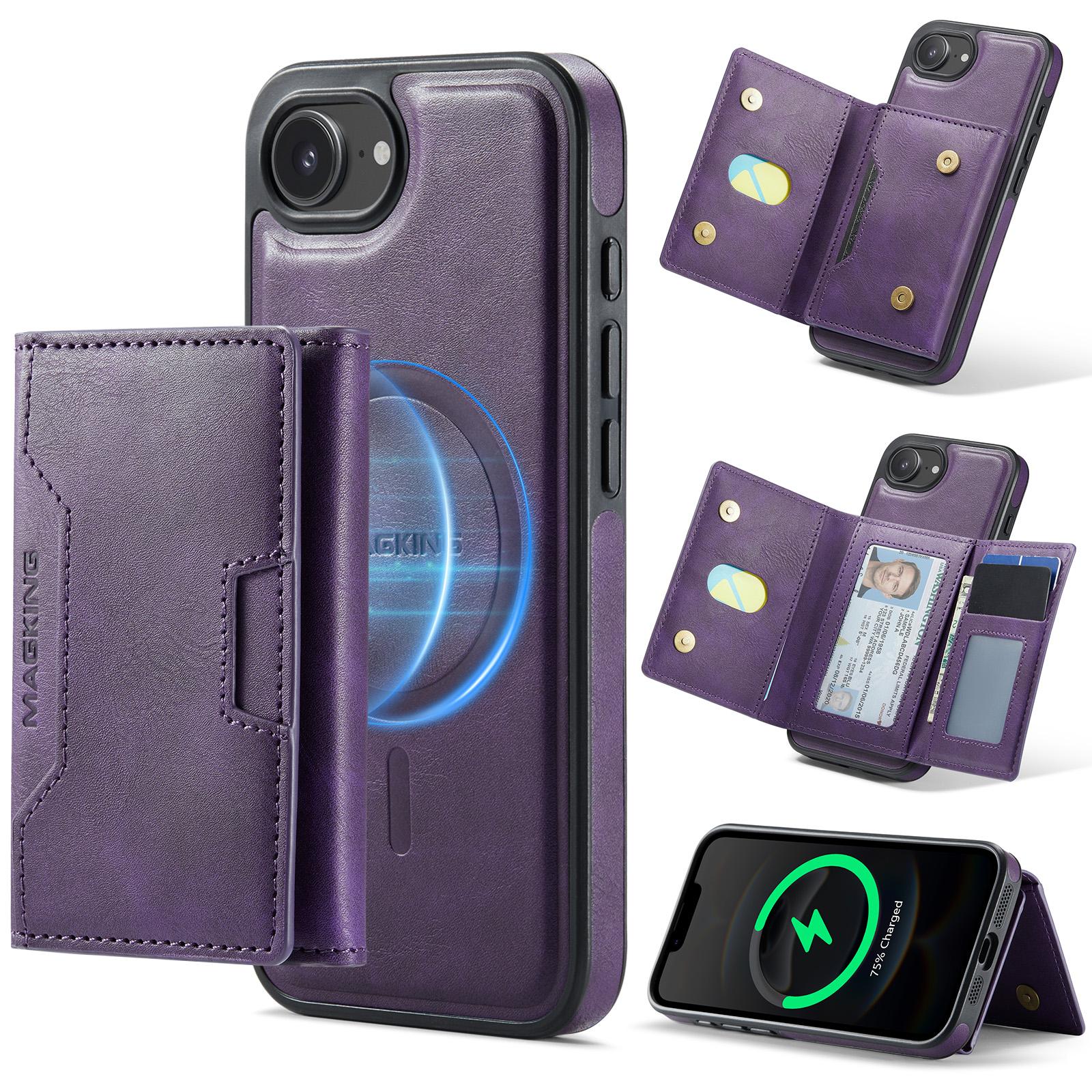 For iPhone 17e / 16e MAGKING K4 Series MagSafe RFID Tri-fold Card Bag Detachable Phone Case(Purple) - Shopkiz.com