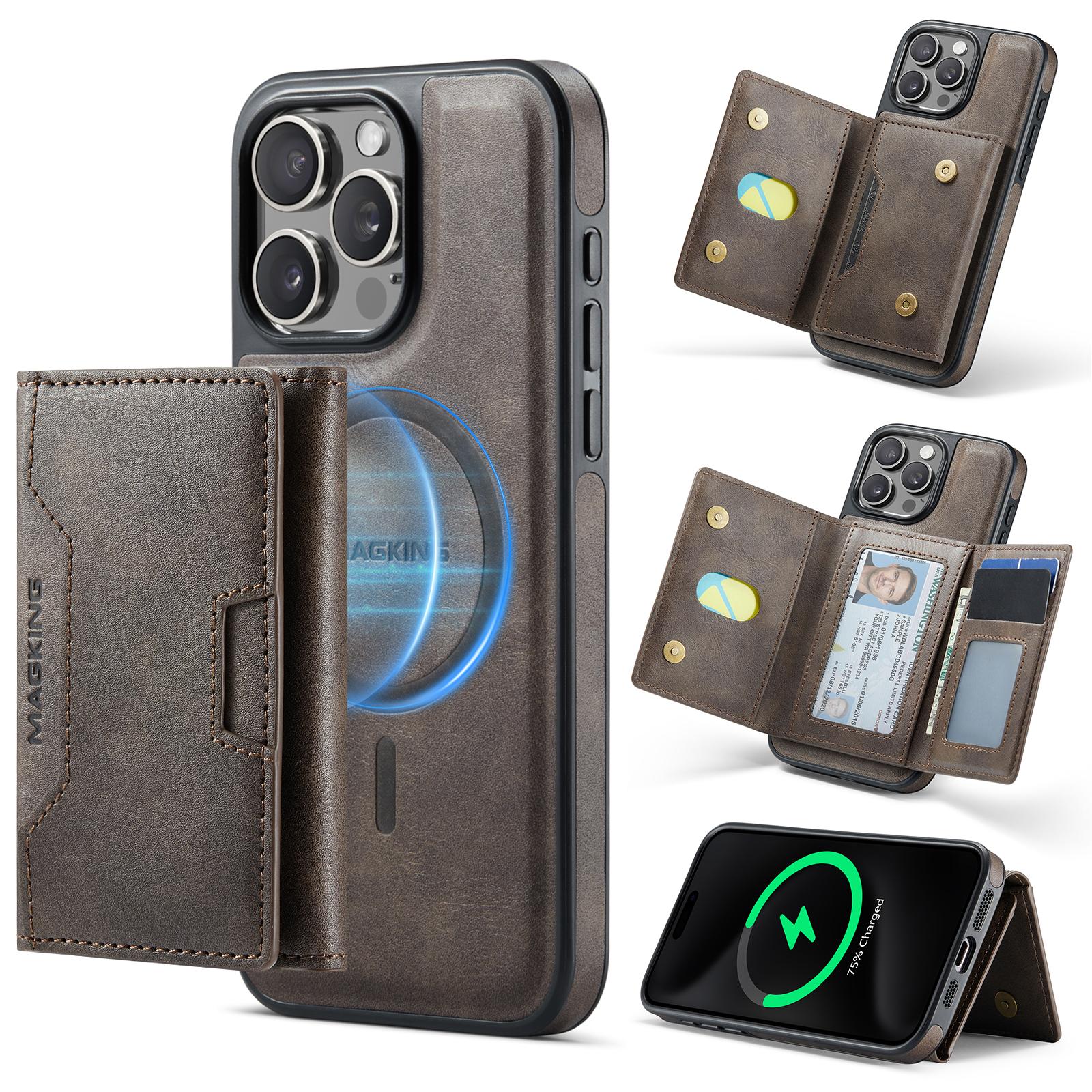 For iPhone 15 Pro Max MAGKING K4 Series MagSafe RFID Tri-fold Card Bag Detachable Phone Case(Coffee) - Shopkiz.com