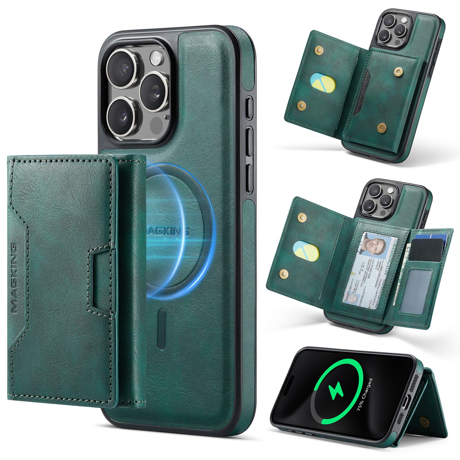 For iPhone 15 Pro Max MAGKING K4 Series MagSafe RFID Tri-fold Card Bag Detachable Phone Case(Green) - Shopkiz.com