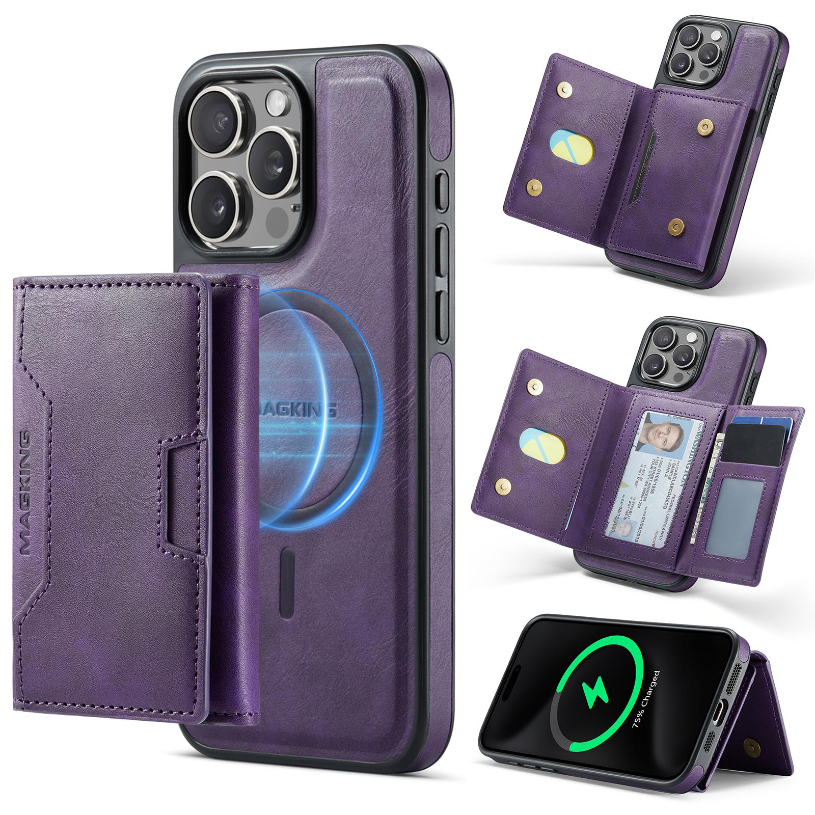 For iPhone 15 Pro Max MAGKING K4 Series MagSafe RFID Tri-fold Card Bag Detachable Phone Case(Purple) - Shopkiz.com
