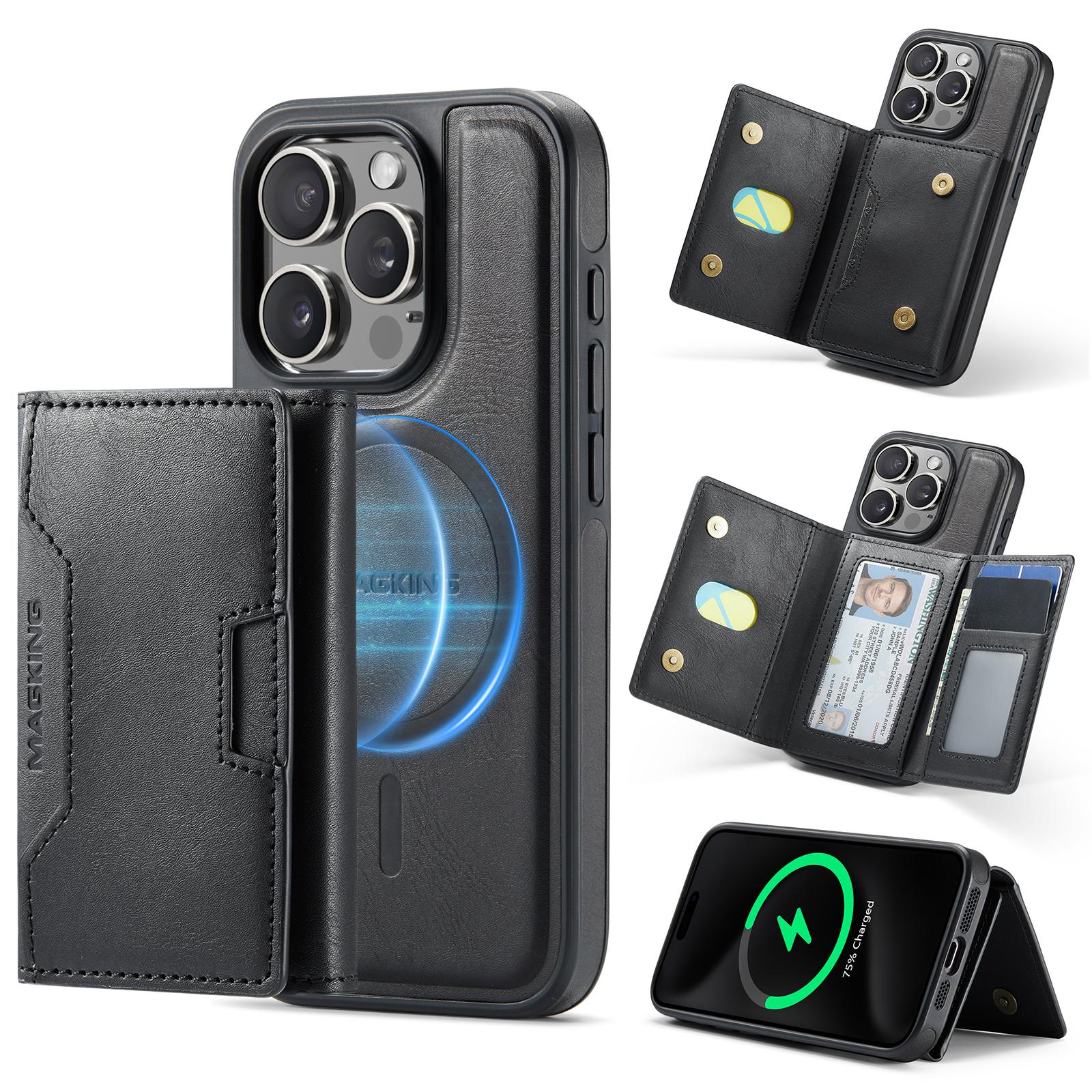 For iPhone 15 Pro MAGKING K4 Series MagSafe RFID Tri-fold Card Bag Detachable Phone Case(Black) - Shopkiz.com