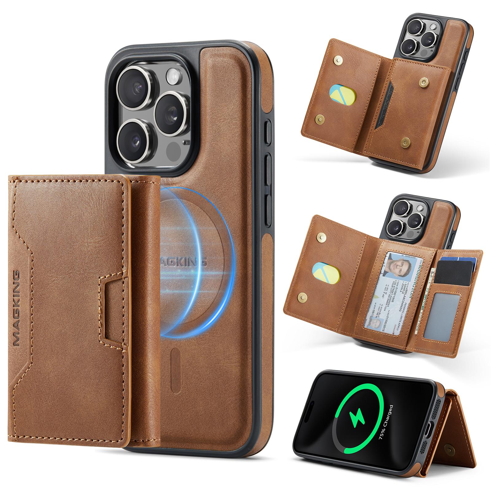 For iPhone 15 Pro MAGKING K4 Series MagSafe RFID Tri-fold Card Bag Detachable Phone Case(Brown) - Shopkiz.com