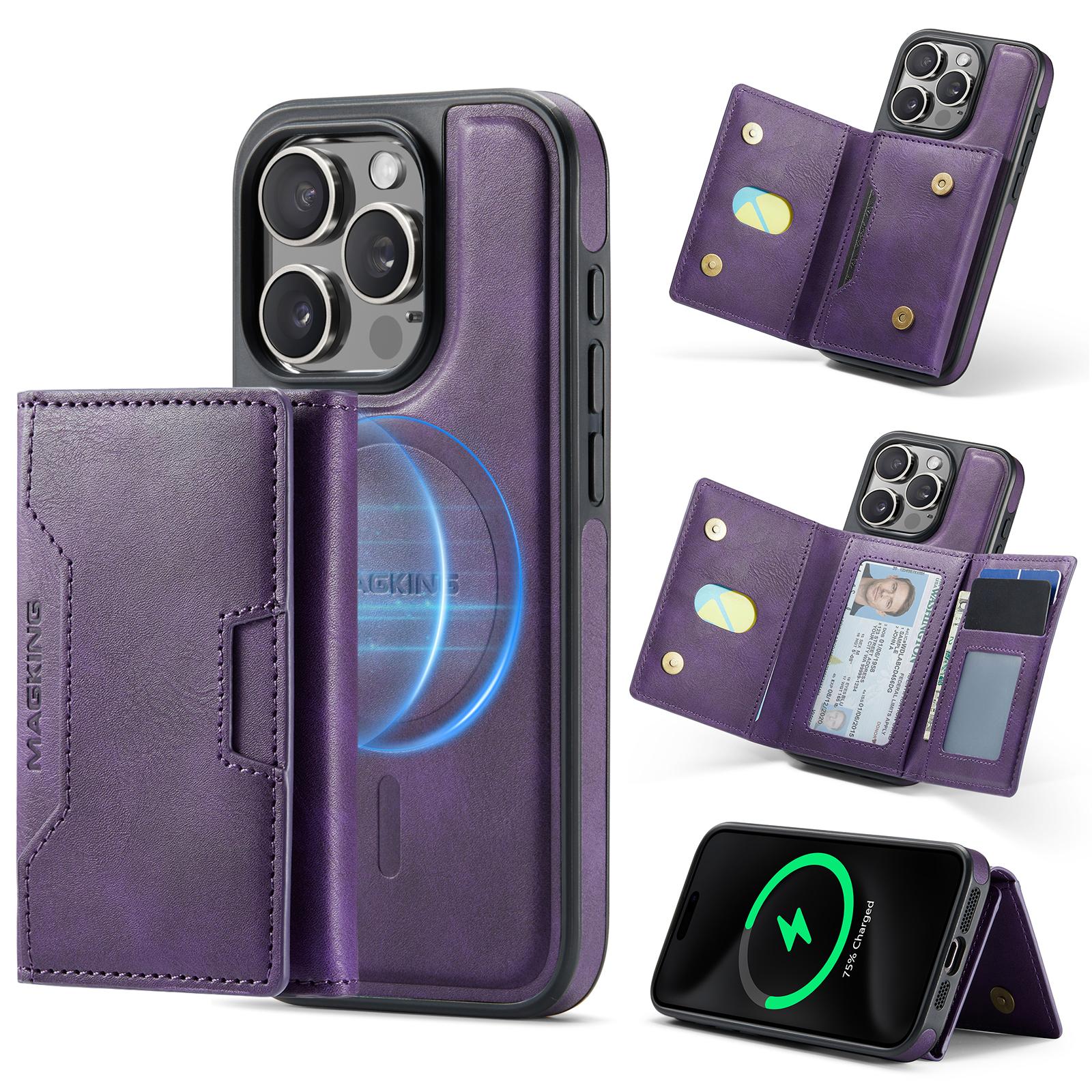 For iPhone 15 Pro MAGKING K4 Series MagSafe RFID Tri-fold Card Bag Detachable Phone Case(Purple) - Shopkiz.com