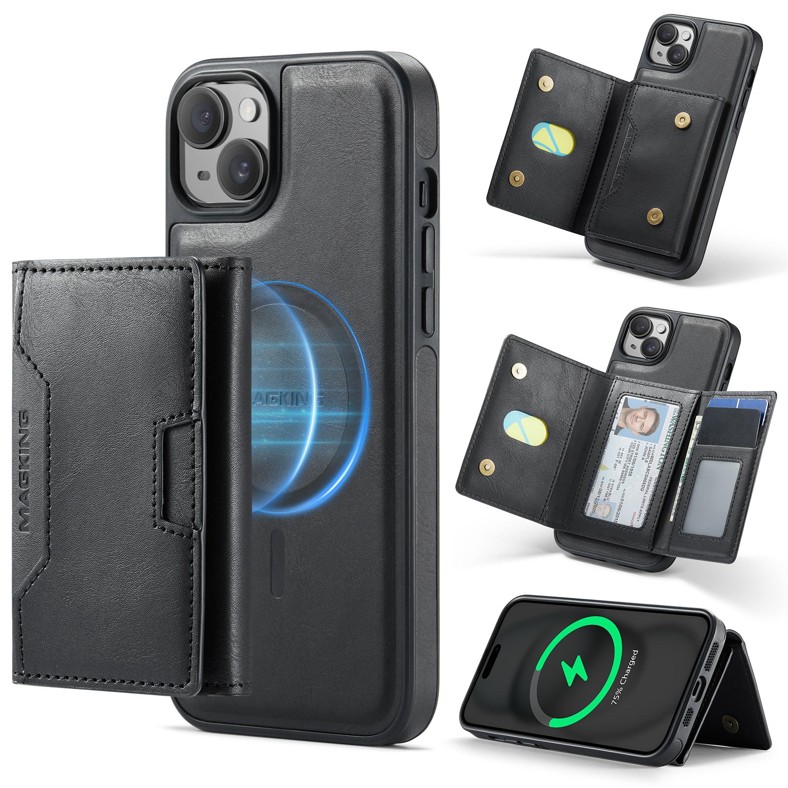 For iPhone 15 Plus MAGKING K4 Series MagSafe RFID Tri-fold Card Bag Detachable Phone Case(Black) - Shopkiz.com
