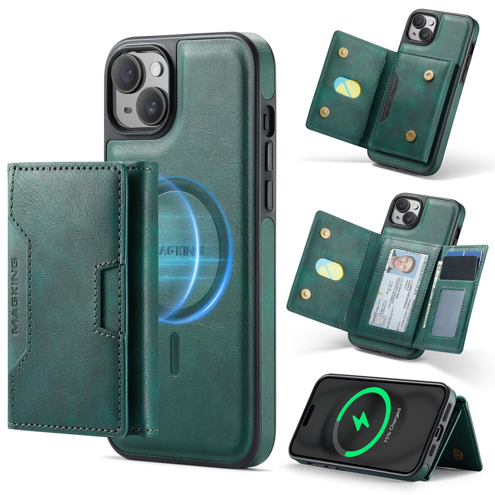 For iPhone 15 Plus MAGKING K4 Series MagSafe RFID Tri-fold Card Bag Detachable Phone Case(Green) - Shopkiz.com