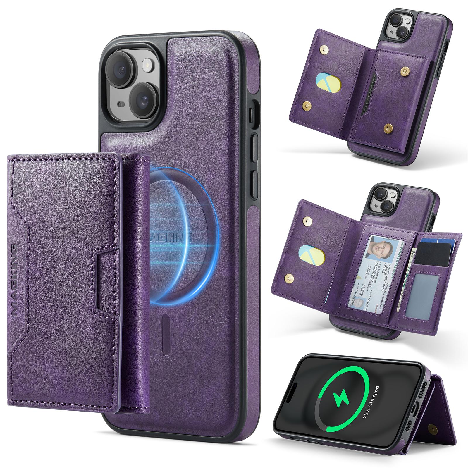 For iPhone 15 Plus MAGKING K4 Series MagSafe RFID Tri-fold Card Bag Detachable Phone Case(Purple) - Shopkiz.com