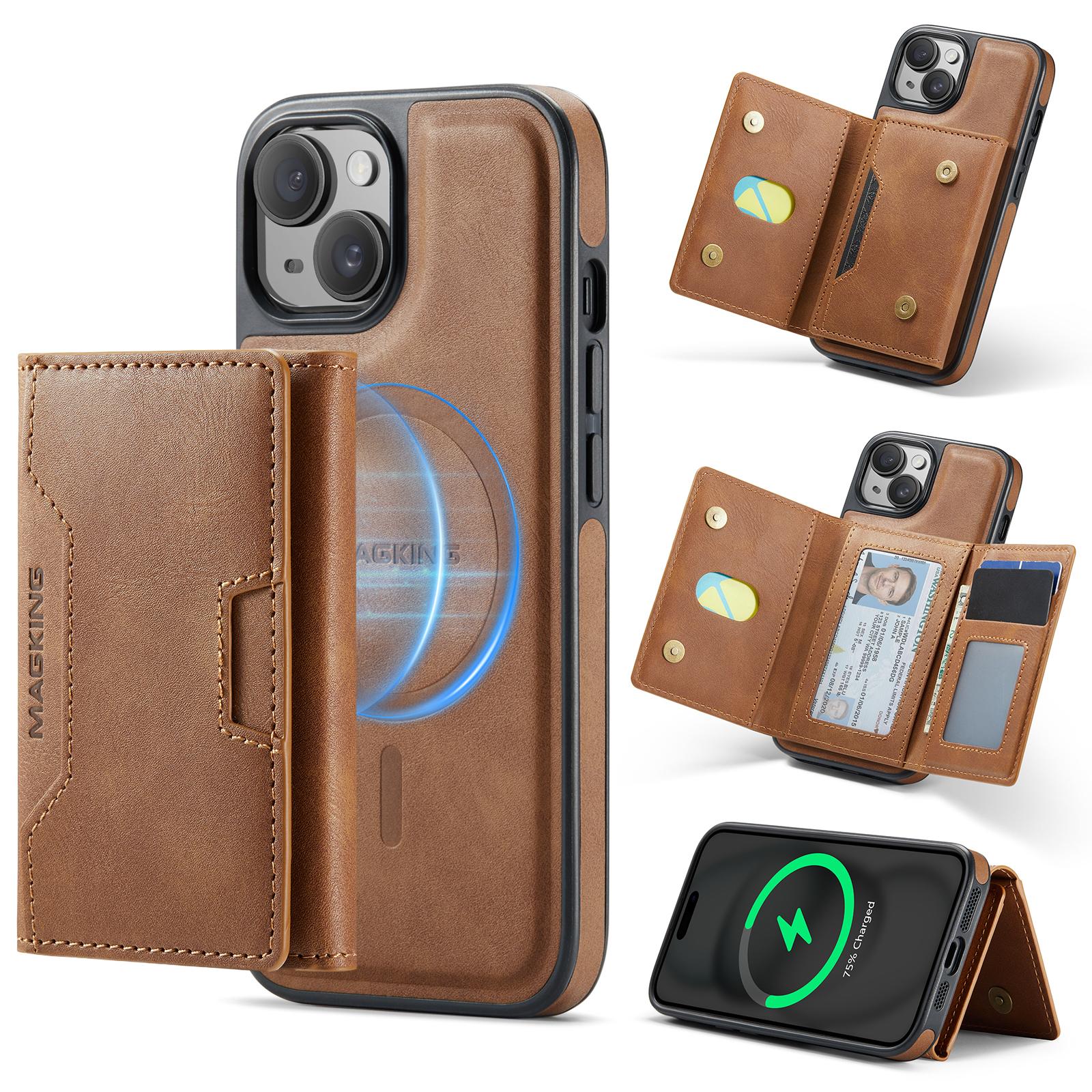 For iPhone 15 MAGKING K4 Series MagSafe RFID Tri-fold Card Bag Detachable Phone Case(Brown) - Shopkiz.com