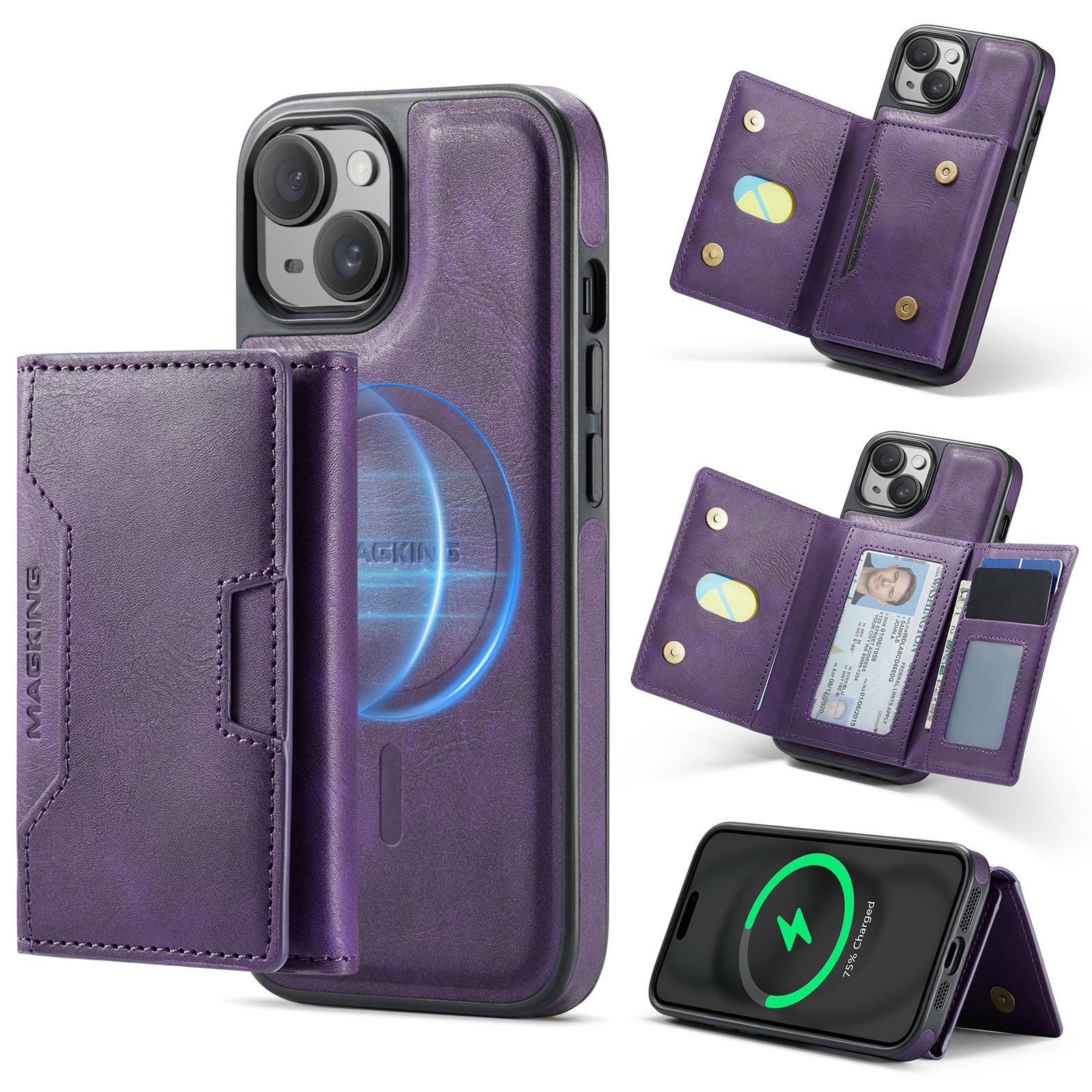 For iPhone 15 MAGKING K4 Series MagSafe RFID Tri-fold Card Bag Detachable Phone Case(Purple) - Shopkiz.com